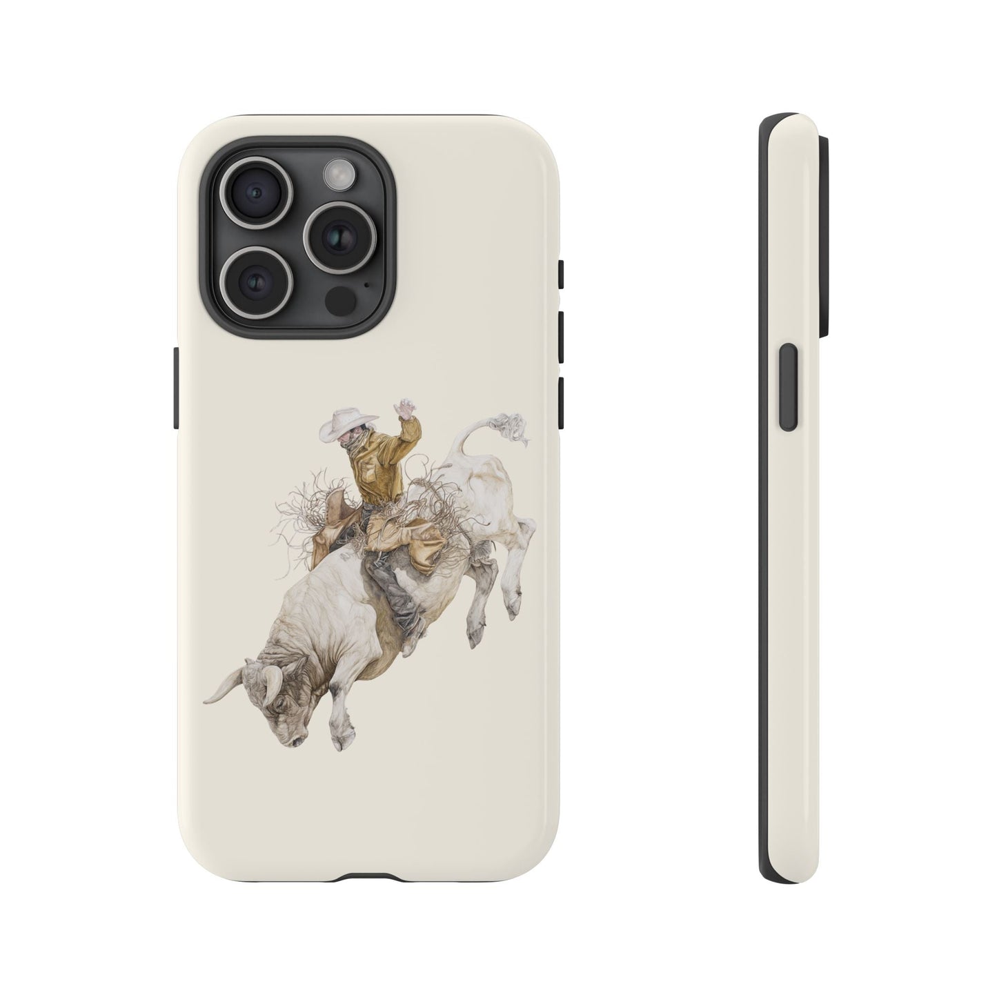 White Bucking Bull Rider Rodeo iPhone Case, 2 Layer Tough Phone Cover, Bull Riding Sport Fan - FlooredByArt