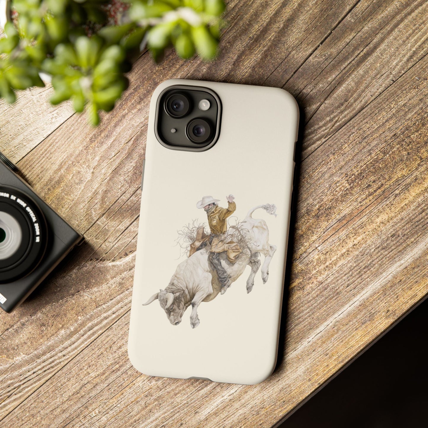 White Bucking Bull Rider Rodeo iPhone Case, 2 Layer Tough Phone Cover, Bull Riding Sport Fan - FlooredByArt