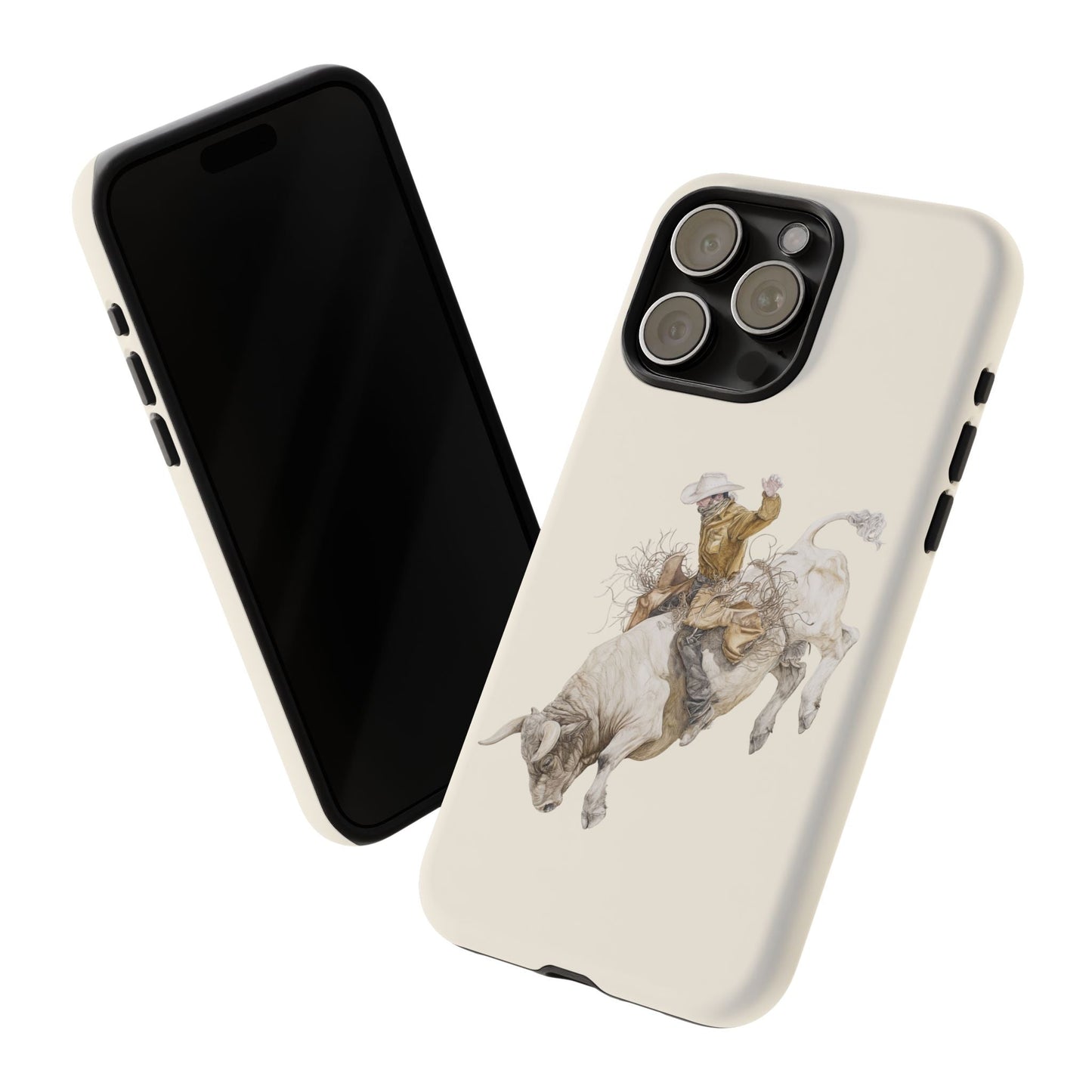 White Bucking Bull Rider Rodeo iPhone Case, 2 Layer Tough Phone Cover, Bull Riding Sport Fan - FlooredByArt