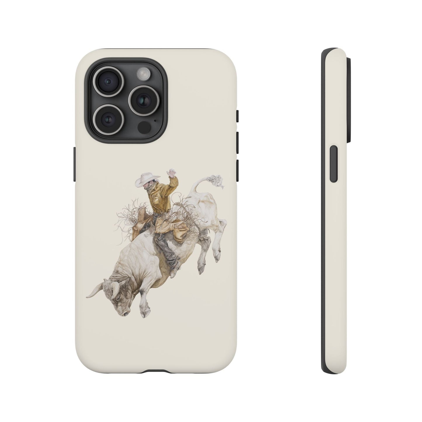 White Bucking Bull Rider Rodeo iPhone Case, 2 Layer Tough Phone Cover, Bull Riding Sport Fan - FlooredByArt