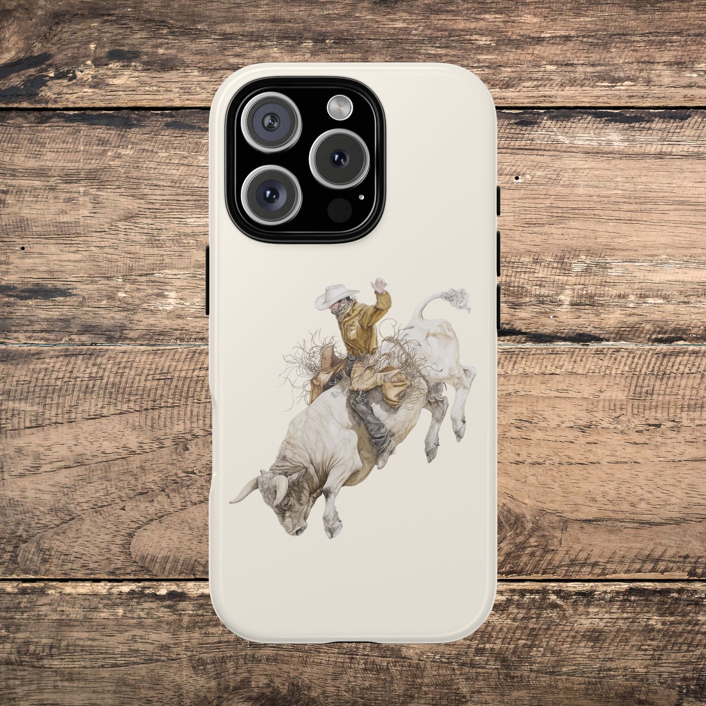 White Bucking Bull Rider Rodeo iPhone Case, 2 Layer Tough Phone Cover, Bull Riding Sport Fan - FlooredByArt