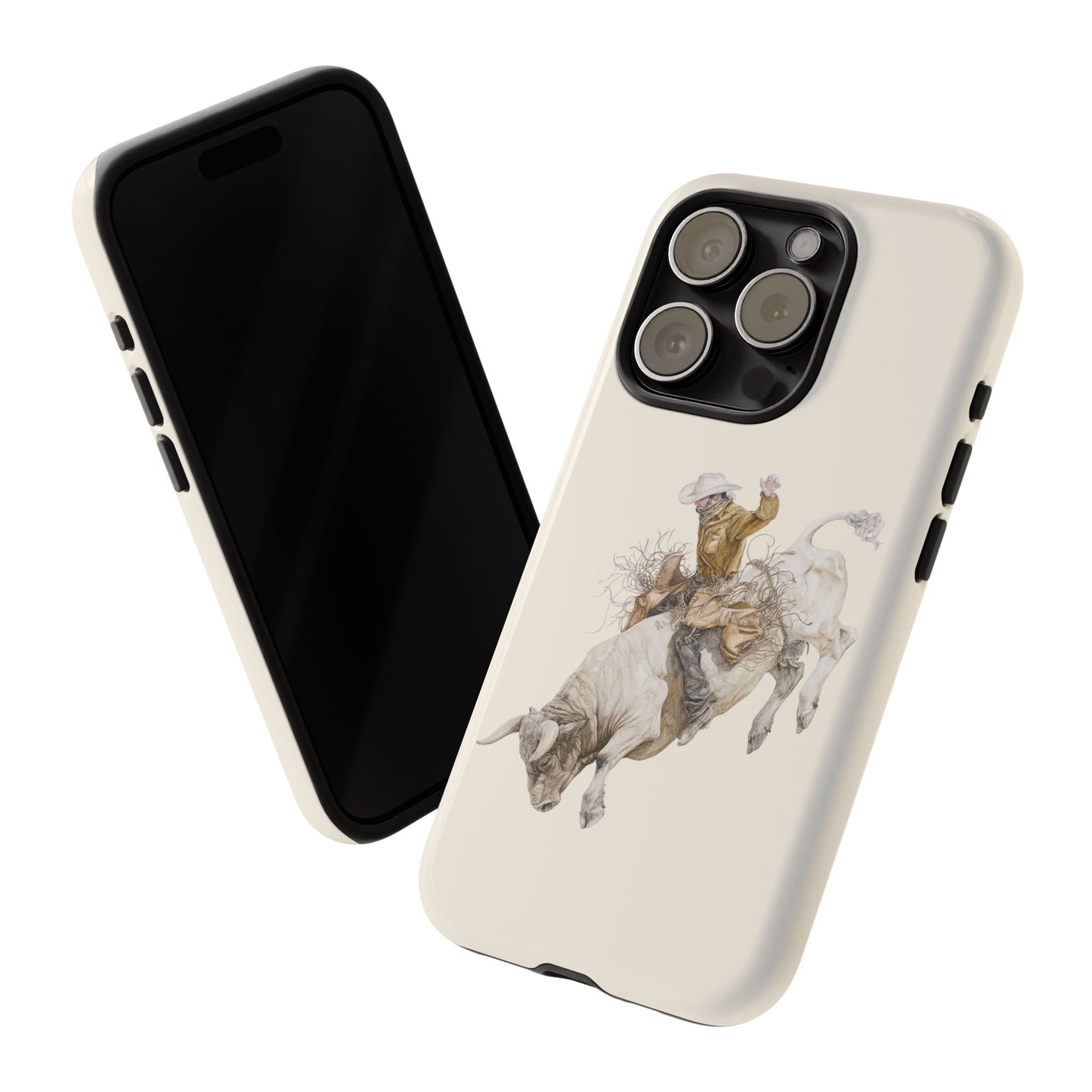 White Bucking Bull Rider Rodeo iPhone Case, 2 Layer Tough Phone Cover, Bull Riding Sport Fan - FlooredByArt