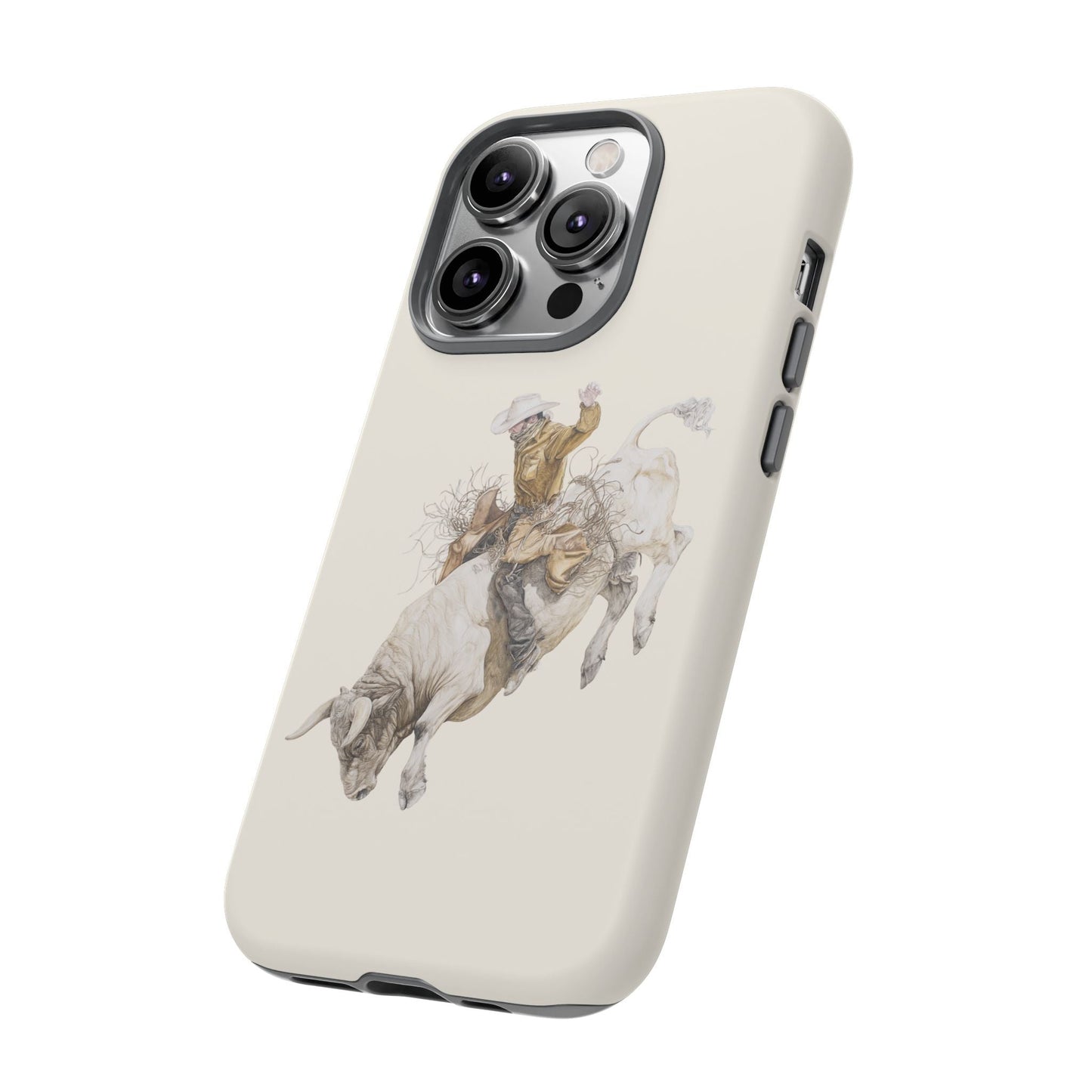 White Bucking Bull Rider Rodeo iPhone Case, 2 Layer Tough Phone Cover, Bull Riding Sport Fan - FlooredByArt