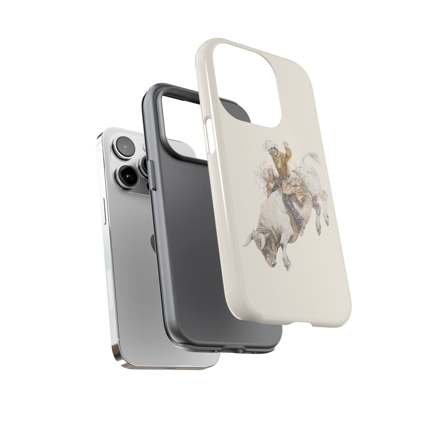 White Bucking Bull Rider Rodeo iPhone Case, 2 Layer Tough Phone Cover, Bull Riding Sport Fan - FlooredByArt
