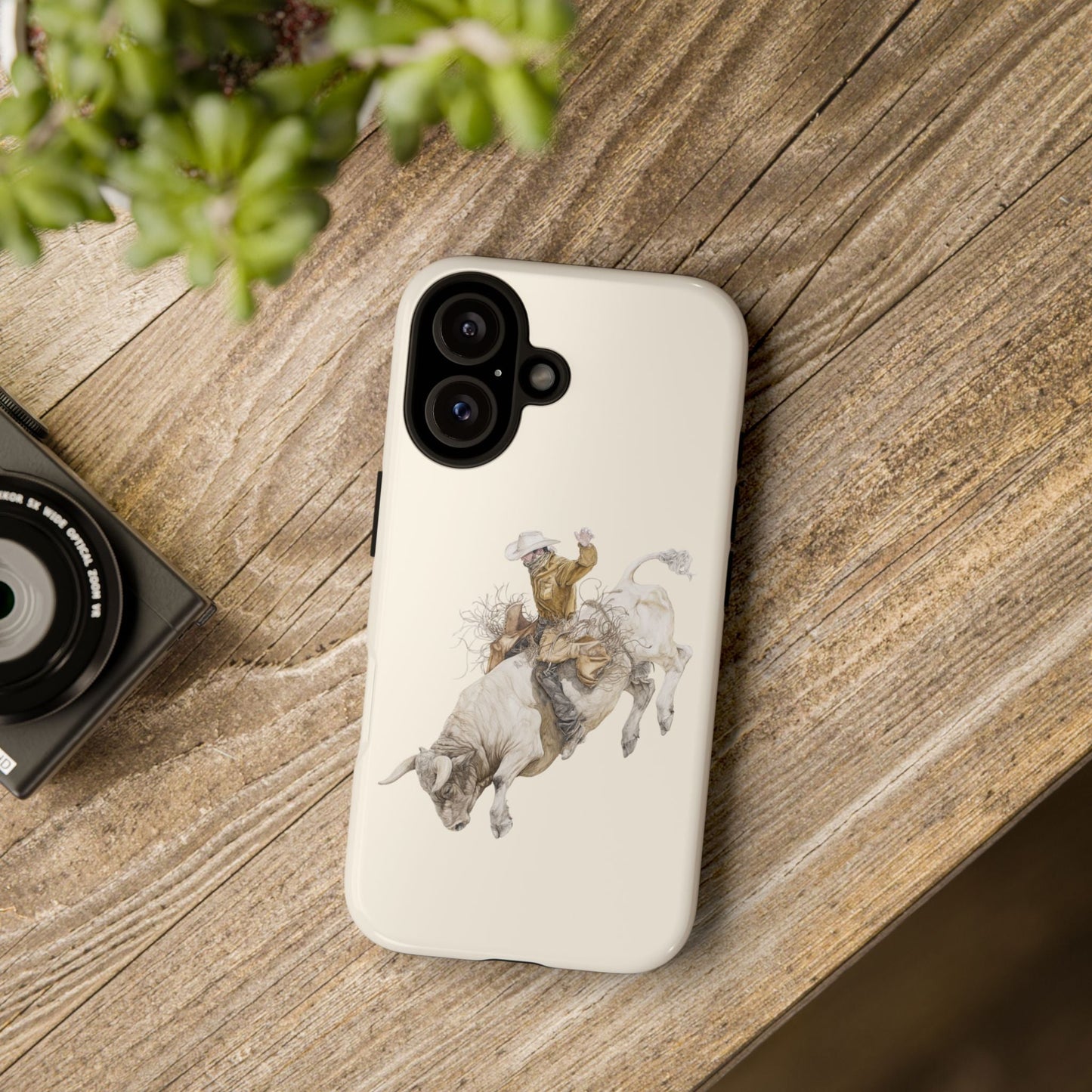 White Bucking Bull Rider Rodeo iPhone Case, 2 Layer Tough Phone Cover, Bull Riding Sport Fan - FlooredByArt