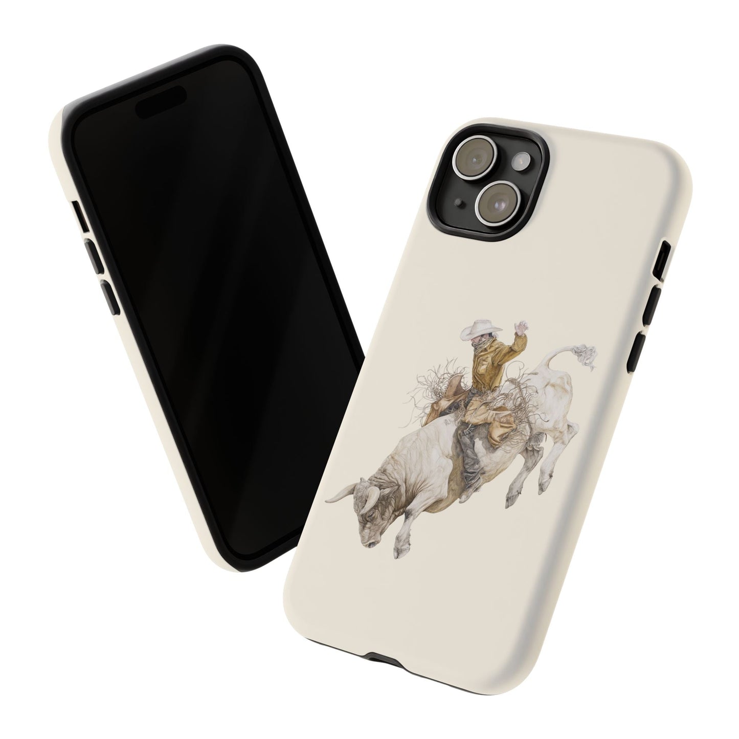 White Bucking Bull Rider Rodeo iPhone Case, 2 Layer Tough Phone Cover, Bull Riding Sport Fan - FlooredByArt