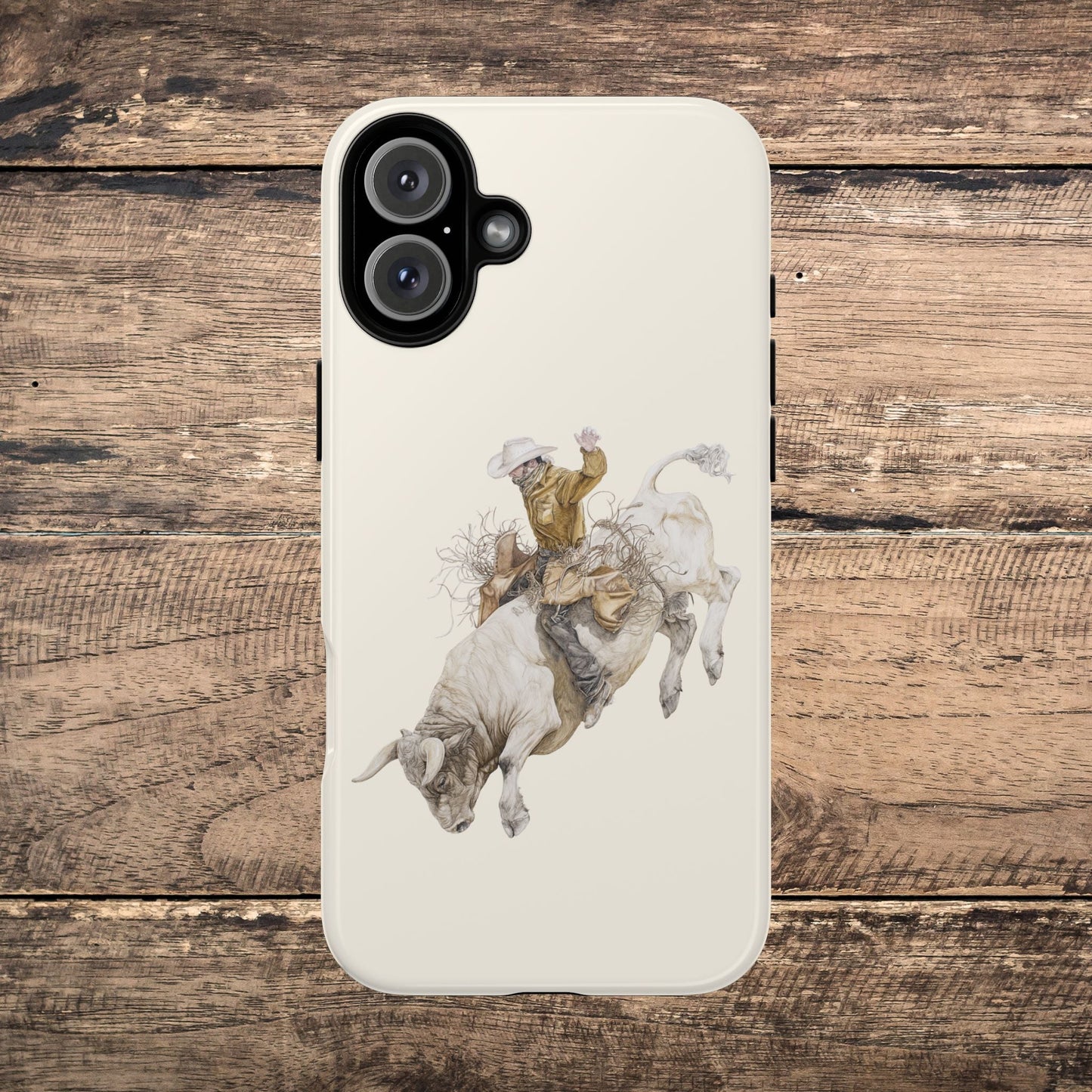 White Bucking Bull Rider Rodeo iPhone Case, 2 Layer Tough Phone Cover, Bull Riding Sport Fan - FlooredByArt