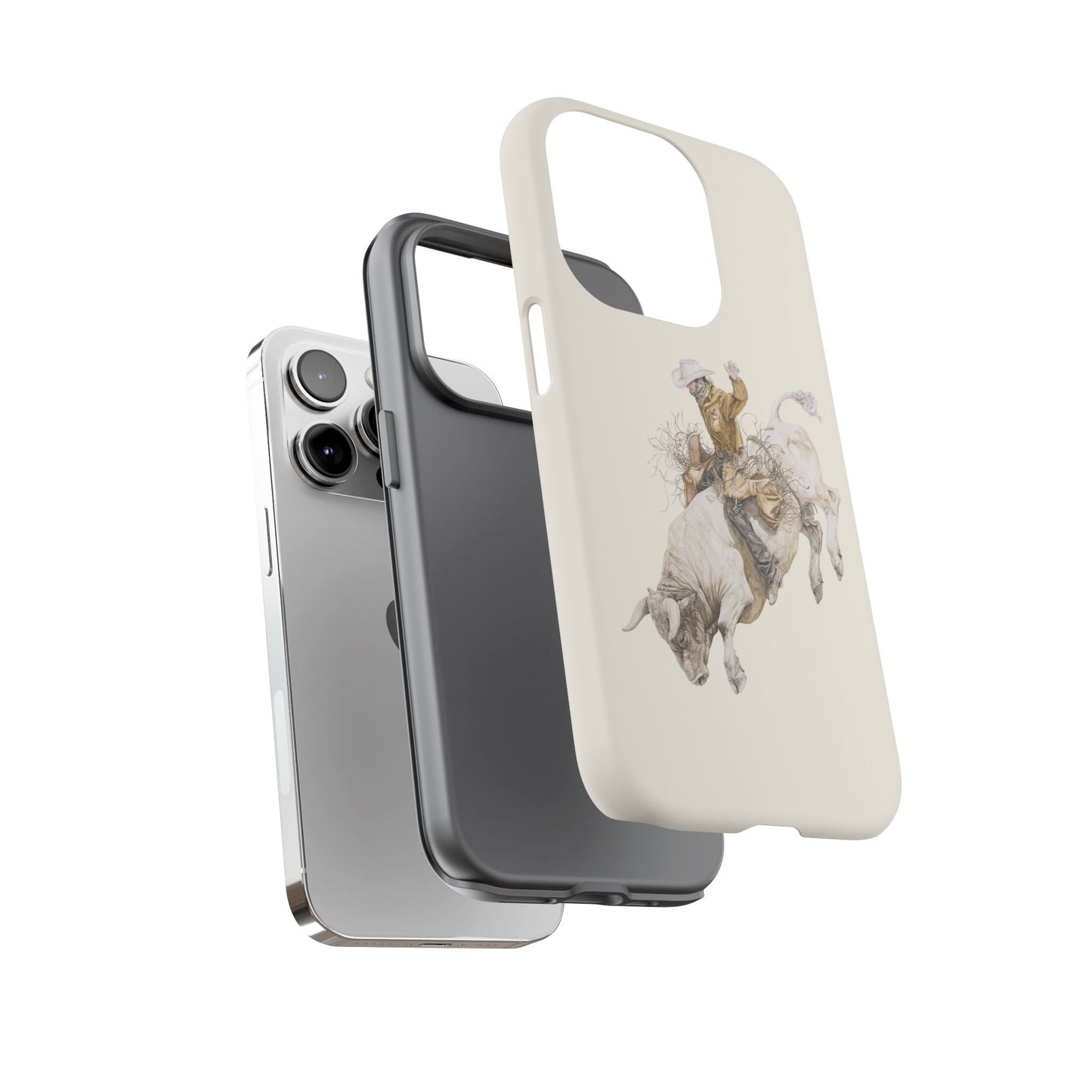White Bucking Bull Rider Rodeo iPhone Case, 2 Layer Tough Phone Cover, Bull Riding Sport Fan - FlooredByArt