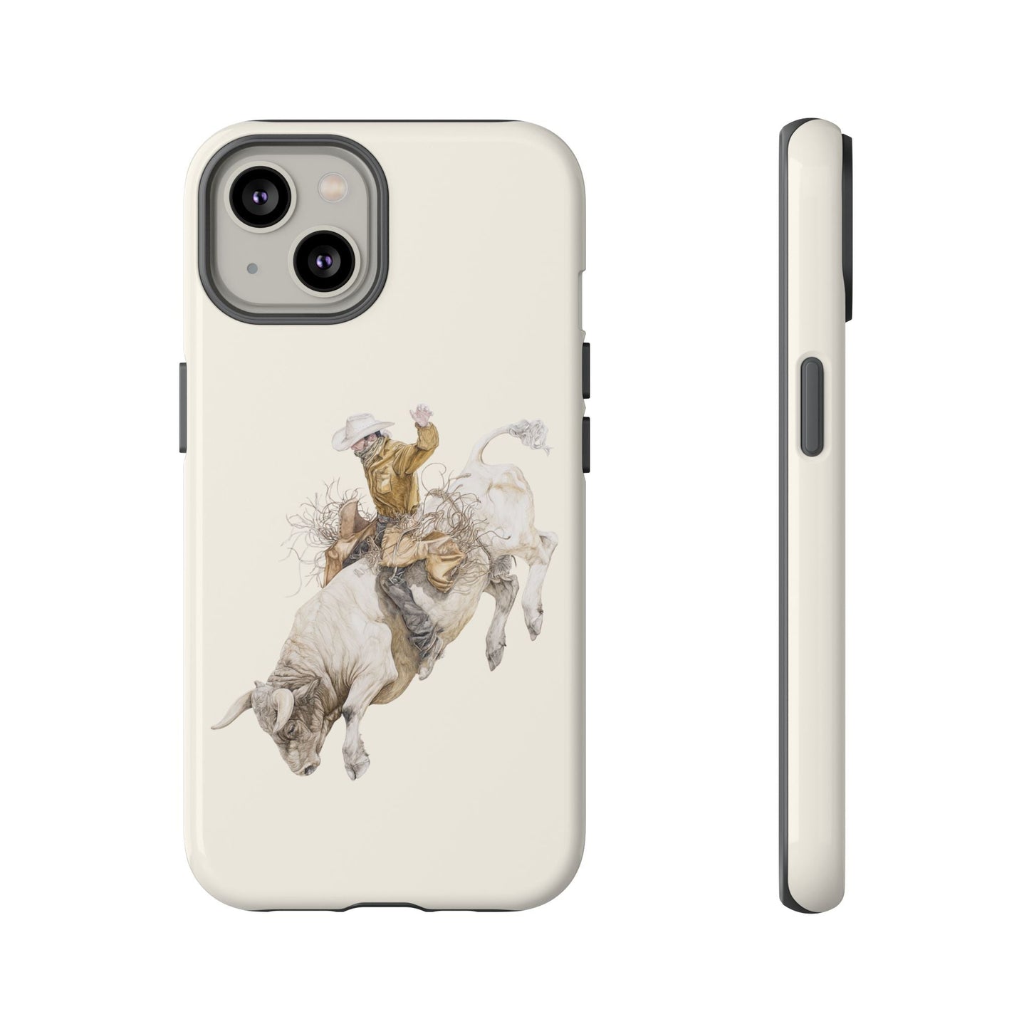White Bucking Bull Rider Rodeo iPhone Case, 2 Layer Tough Phone Cover, Bull Riding Sport Fan - FlooredByArt