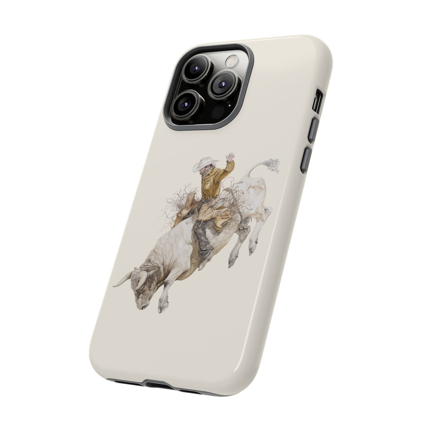 White Bucking Bull Rider Rodeo iPhone Case, 2 Layer Tough Phone Cover, Bull Riding Sport Fan - FlooredByArt