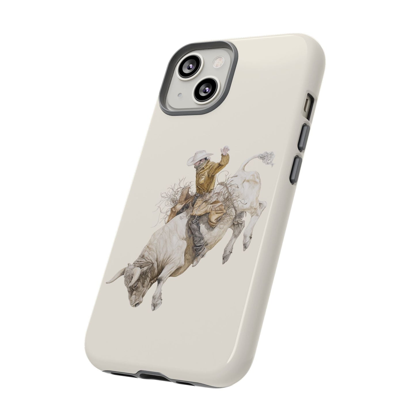 White Bucking Bull Rider Rodeo iPhone Case, 2 Layer Tough Phone Cover, Bull Riding Sport Fan - FlooredByArt