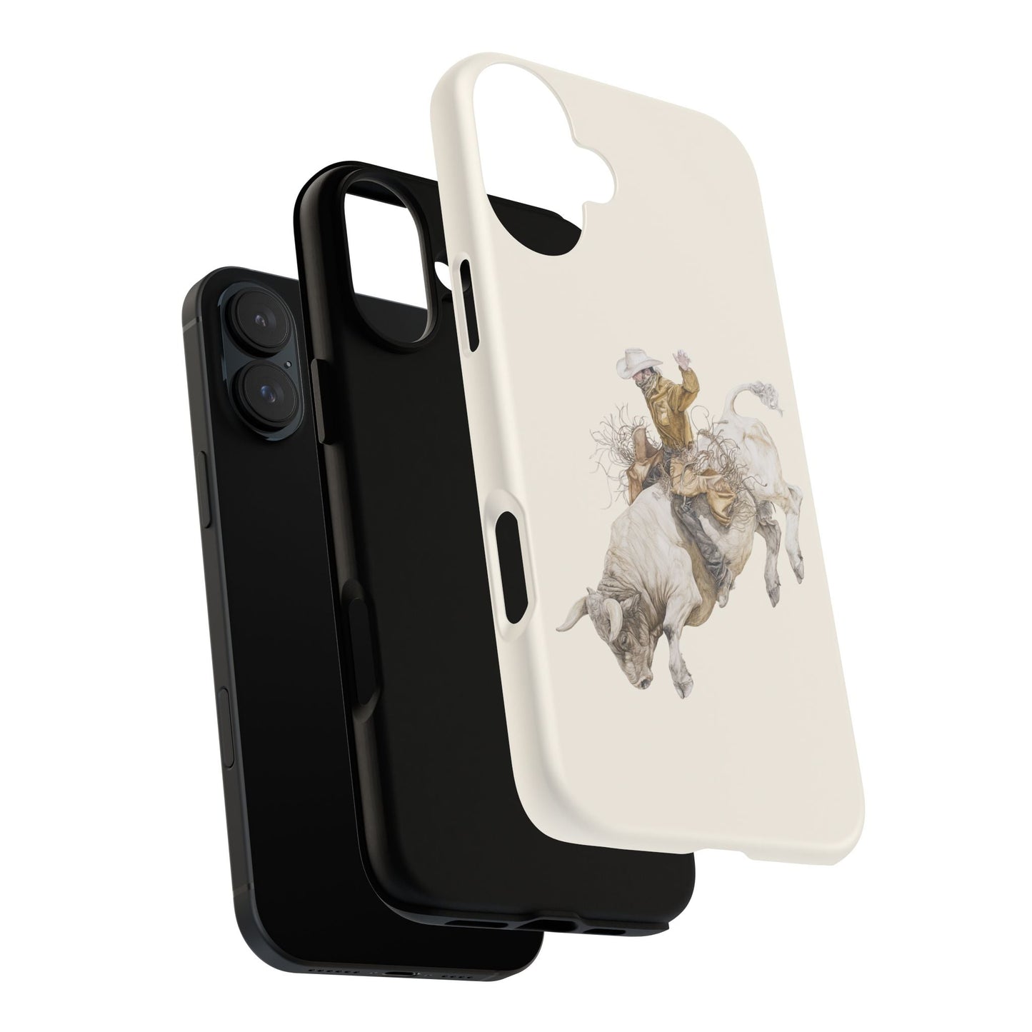 White Bucking Bull Rider Rodeo iPhone Case, 2 Layer Tough Phone Cover, Bull Riding Sport Fan - FlooredByArt