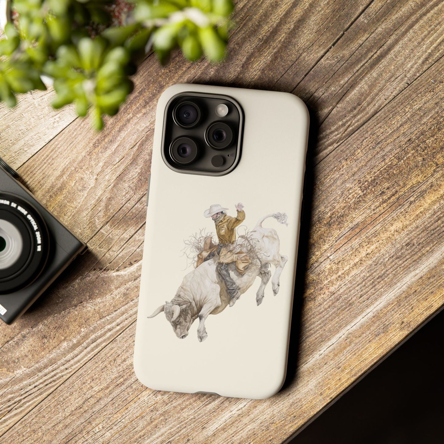 White Bucking Bull Rider Rodeo iPhone Case, 2 Layer Tough Phone Cover, Bull Riding Sport Fan - FlooredByArt
