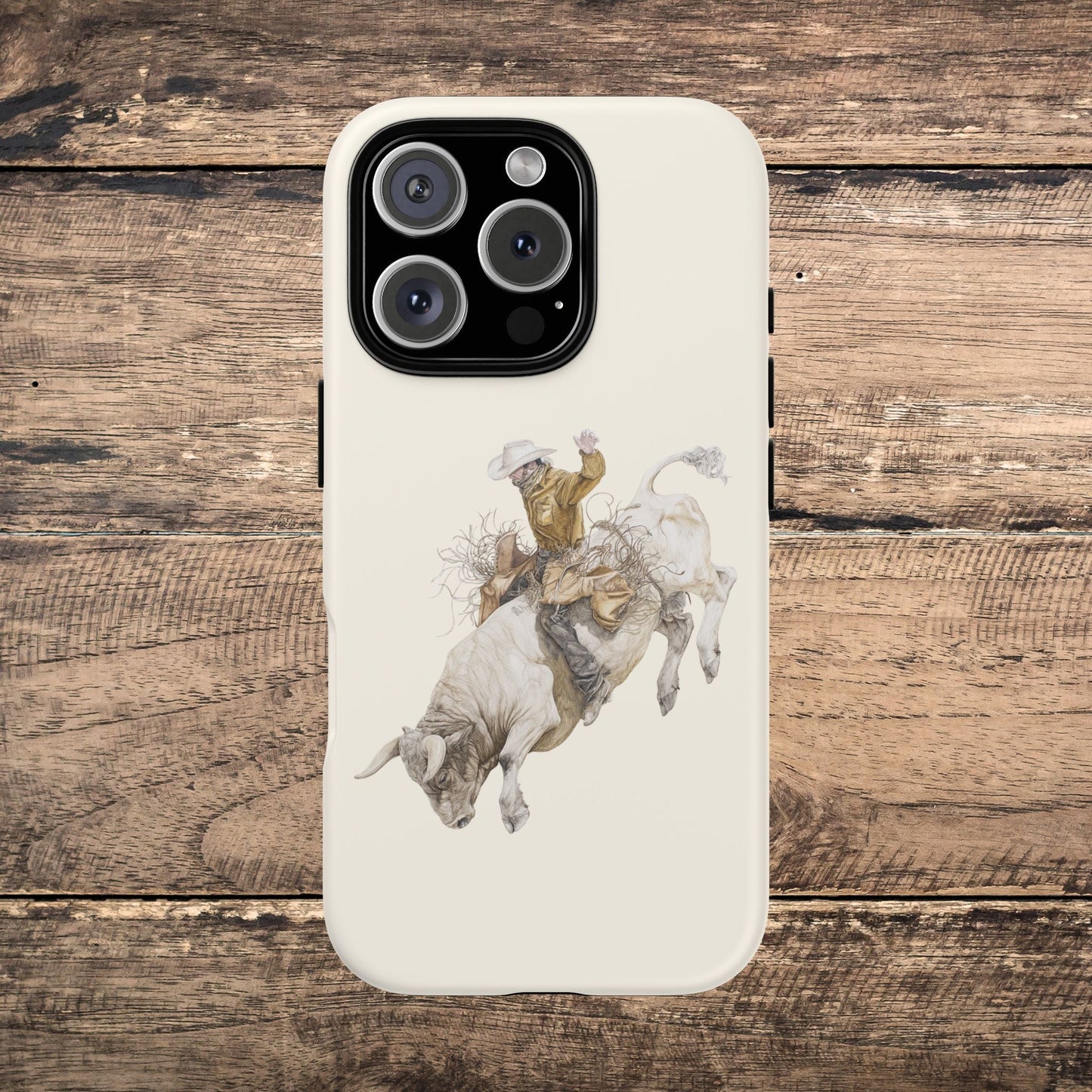 White Bucking Bull Rider Rodeo iPhone Case, 2 Layer Tough Phone Cover, Bull Riding Sport Fan - FlooredByArt