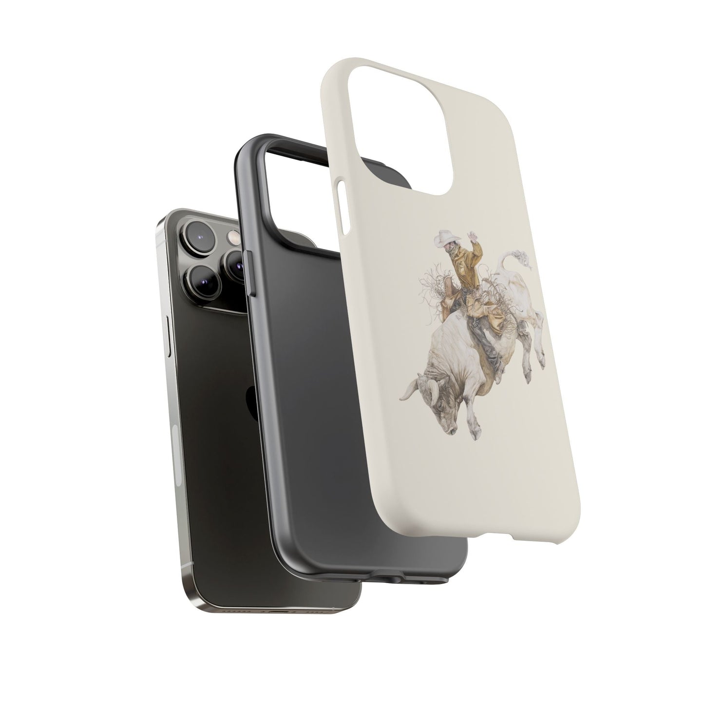 White Bucking Bull Rider Rodeo iPhone Case, 2 Layer Tough Phone Cover, Bull Riding Sport Fan - FlooredByArt