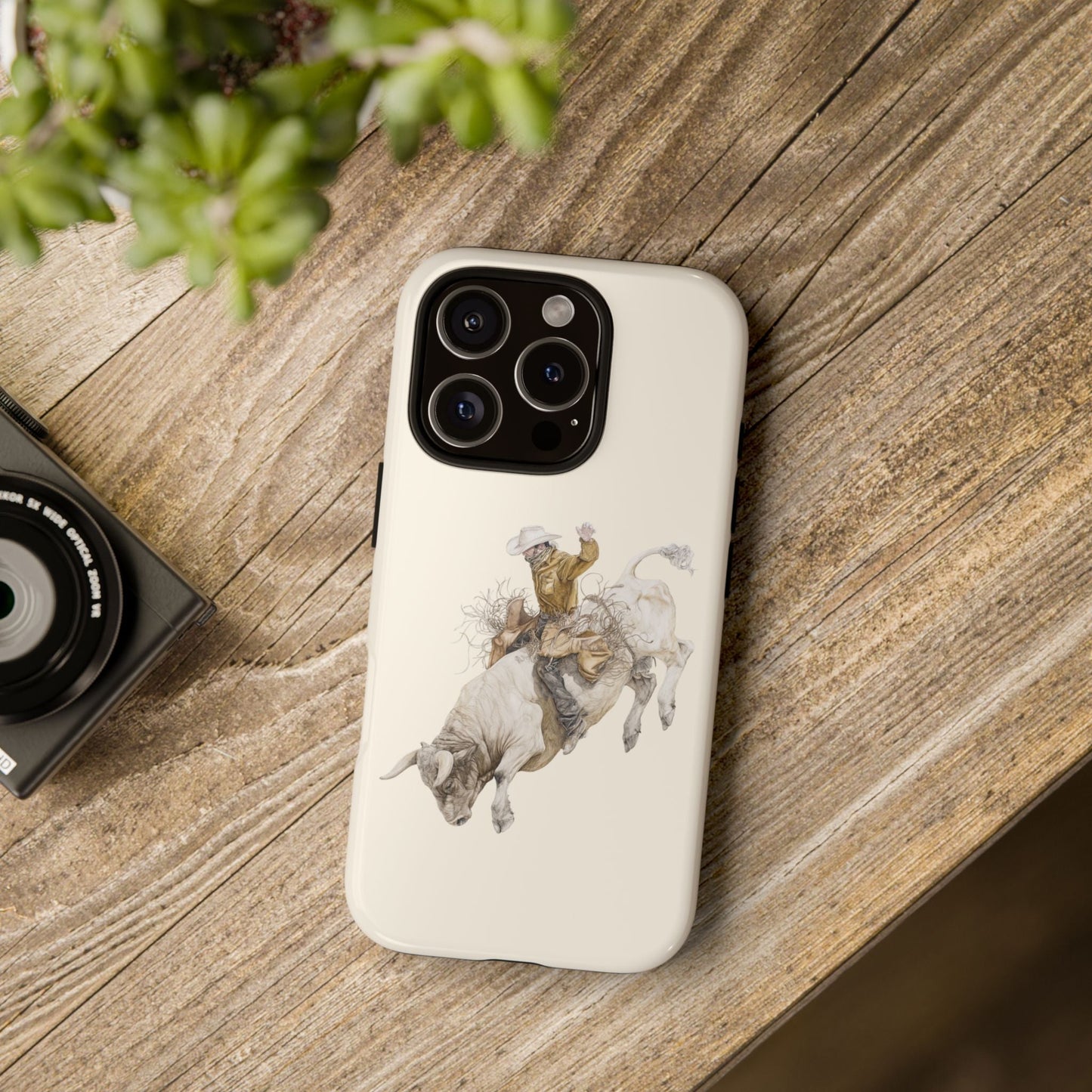 White Bucking Bull Rider Rodeo iPhone Case, 2 Layer Tough Phone Cover, Bull Riding Sport Fan - FlooredByArt