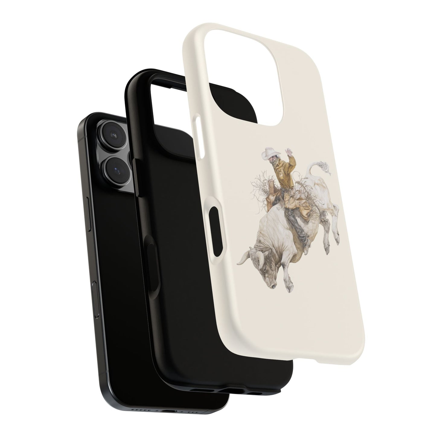 White Bucking Bull Rider Rodeo iPhone Case, 2 Layer Tough Phone Cover, Bull Riding Sport Fan - FlooredByArt