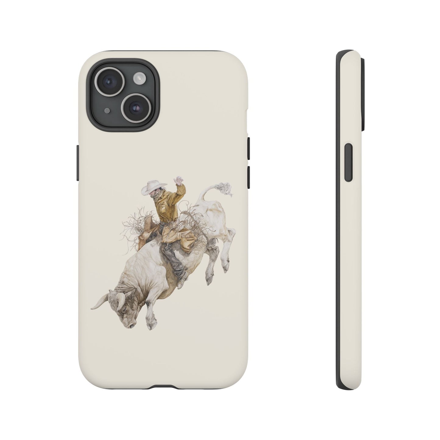 White Bucking Bull Rider Rodeo iPhone Case, 2 Layer Tough Phone Cover, Bull Riding Sport Fan - FlooredByArt