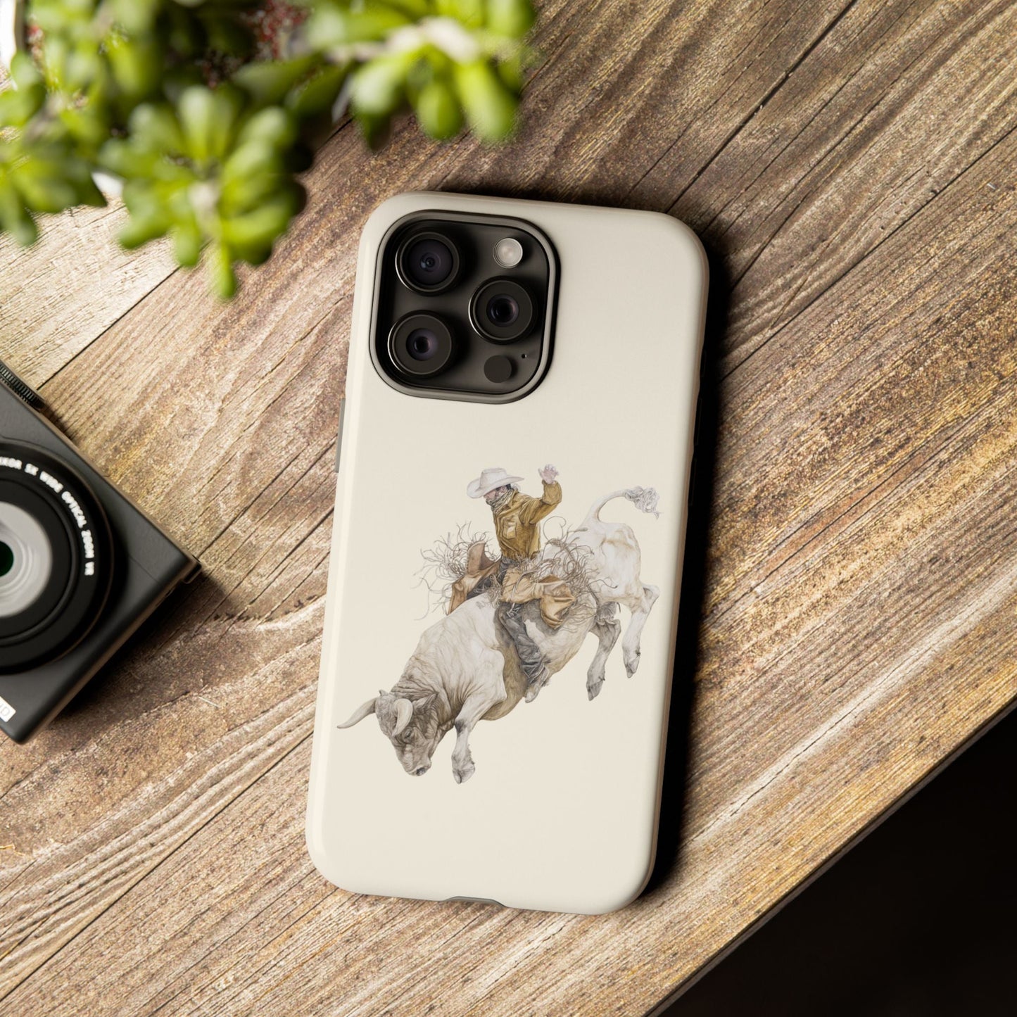 White Bucking Bull Rider Rodeo iPhone Case, 2 Layer Tough Phone Cover, Bull Riding Sport Fan - FlooredByArt