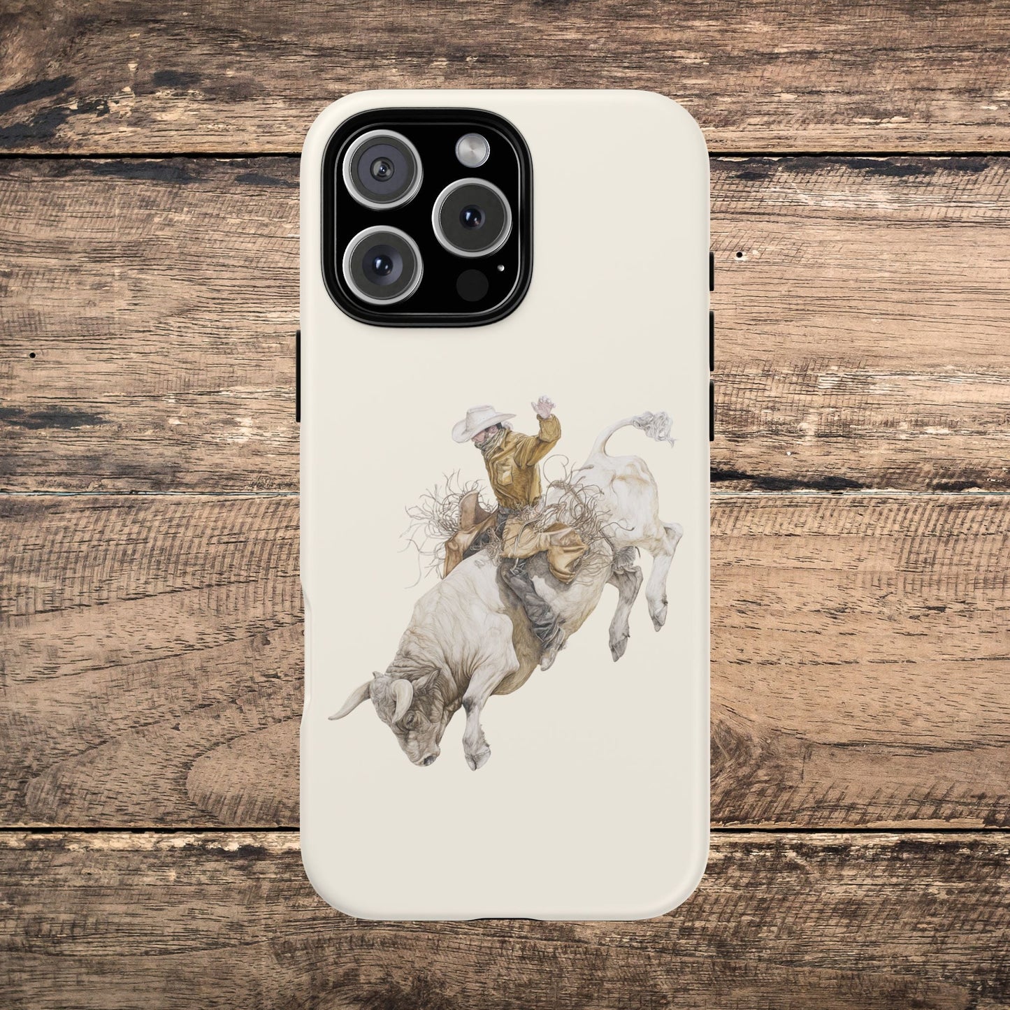 White Bucking Bull Rider Rodeo iPhone Case, 2 Layer Tough Phone Cover, Bull Riding Sport Fan - FlooredByArt