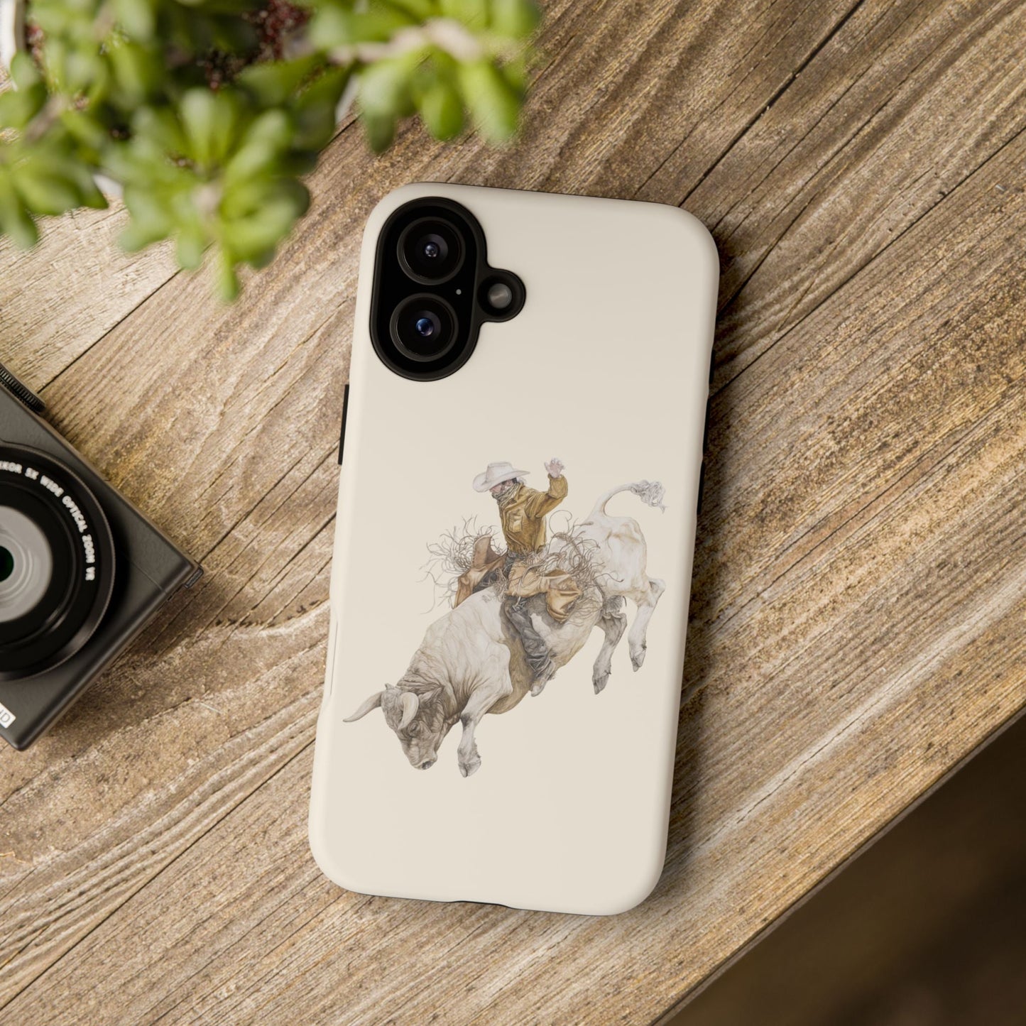 White Bucking Bull Rider Rodeo iPhone Case, 2 Layer Tough Phone Cover, Bull Riding Sport Fan - FlooredByArt
