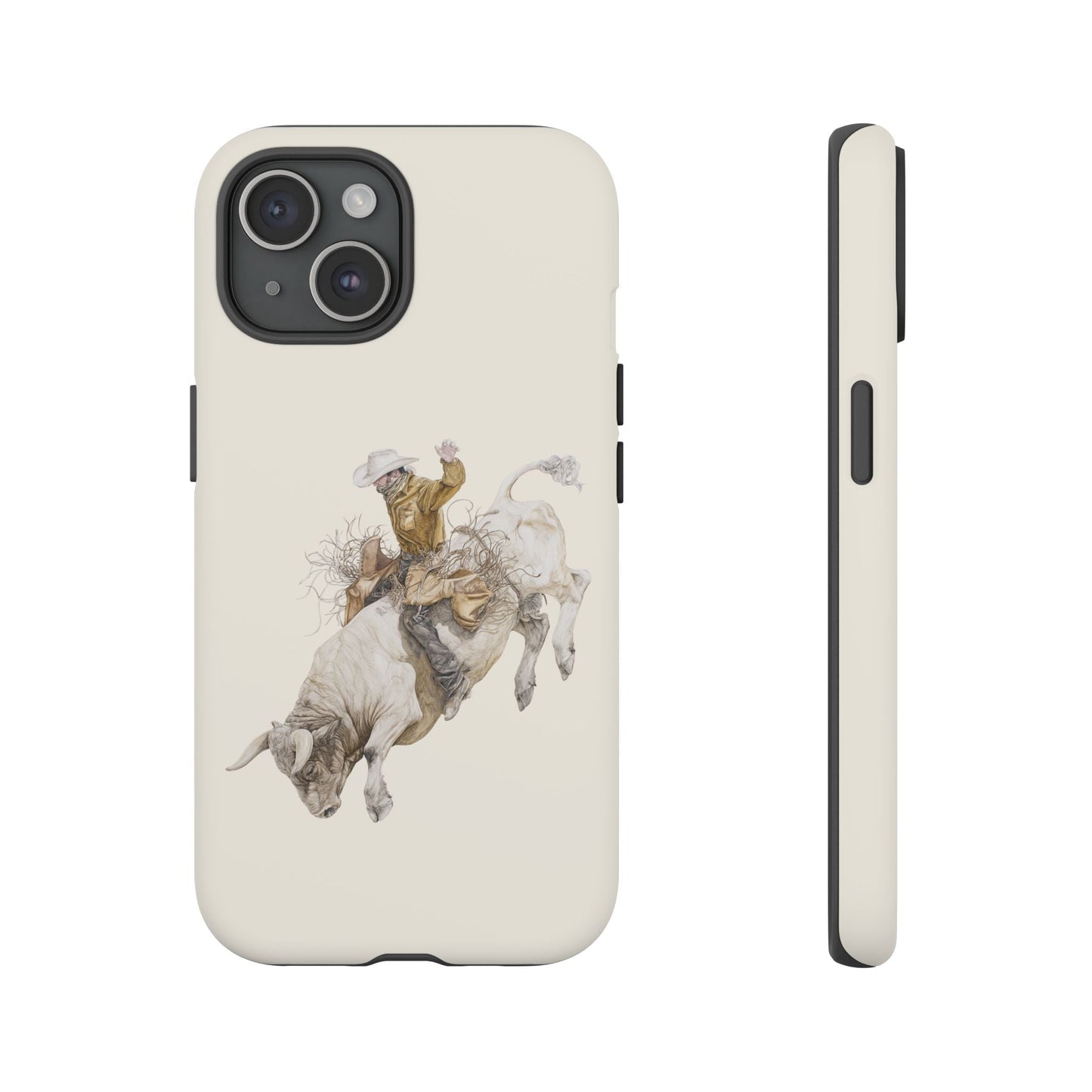 White Bucking Bull Rider Rodeo iPhone Case, 2 Layer Tough Phone Cover, Bull Riding Sport Fan - FlooredByArt