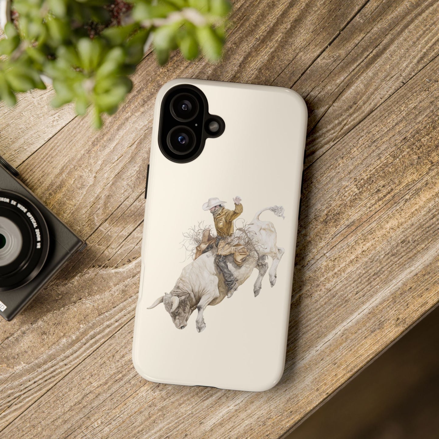 White Bucking Bull Rider Rodeo iPhone Case, 2 Layer Tough Phone Cover, Bull Riding Sport Fan - FlooredByArt