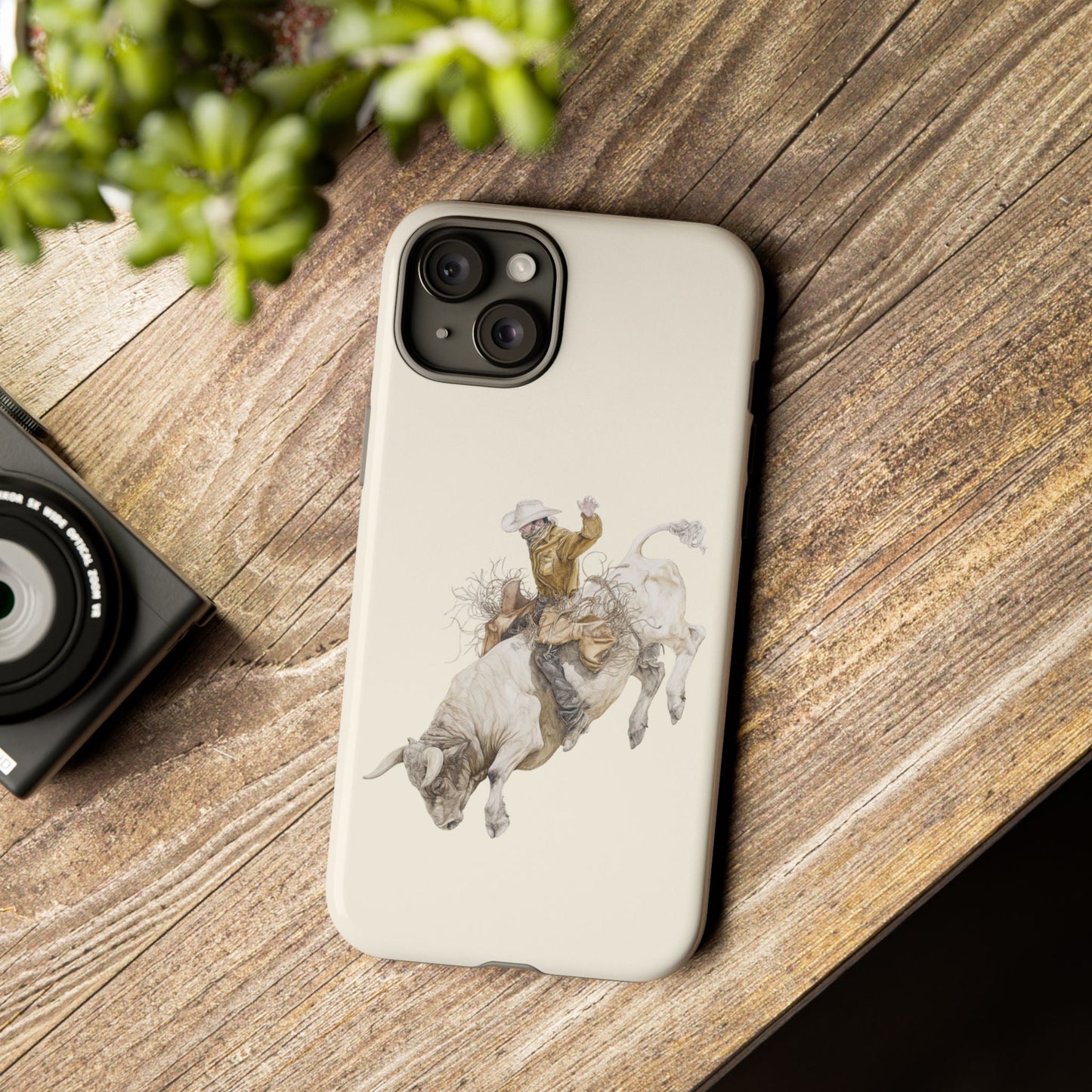 White Bucking Bull Rider Rodeo iPhone Case, 2 Layer Tough Phone Cover, Bull Riding Sport Fan - FlooredByArt