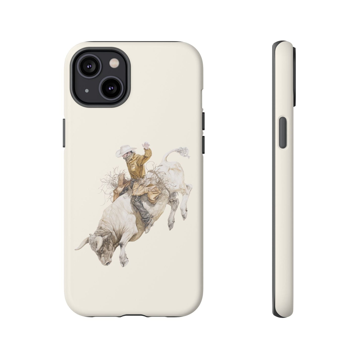 White Bucking Bull Rider Rodeo iPhone Case, 2 Layer Tough Phone Cover, Bull Riding Sport Fan - FlooredByArt