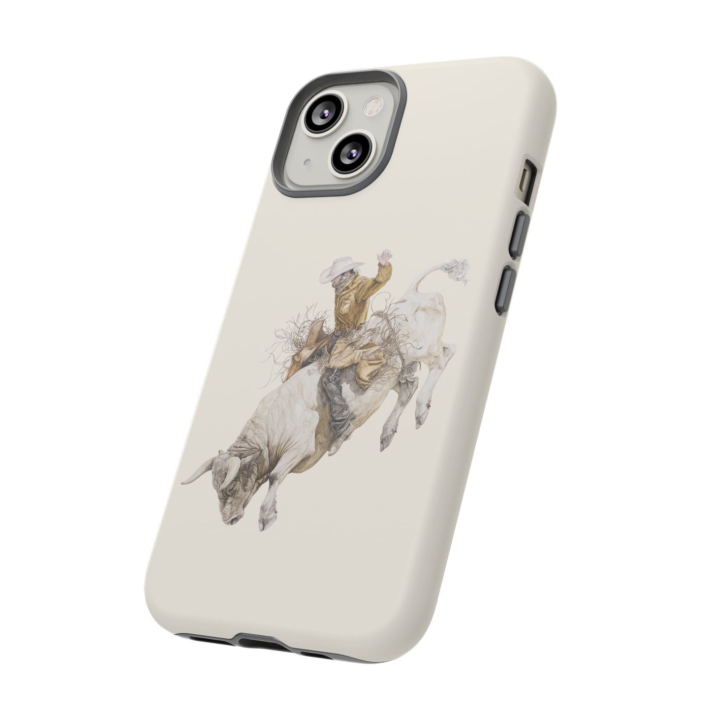 White Bucking Bull Rider Rodeo iPhone Case, 2 Layer Tough Phone Cover, Bull Riding Sport Fan - FlooredByArt