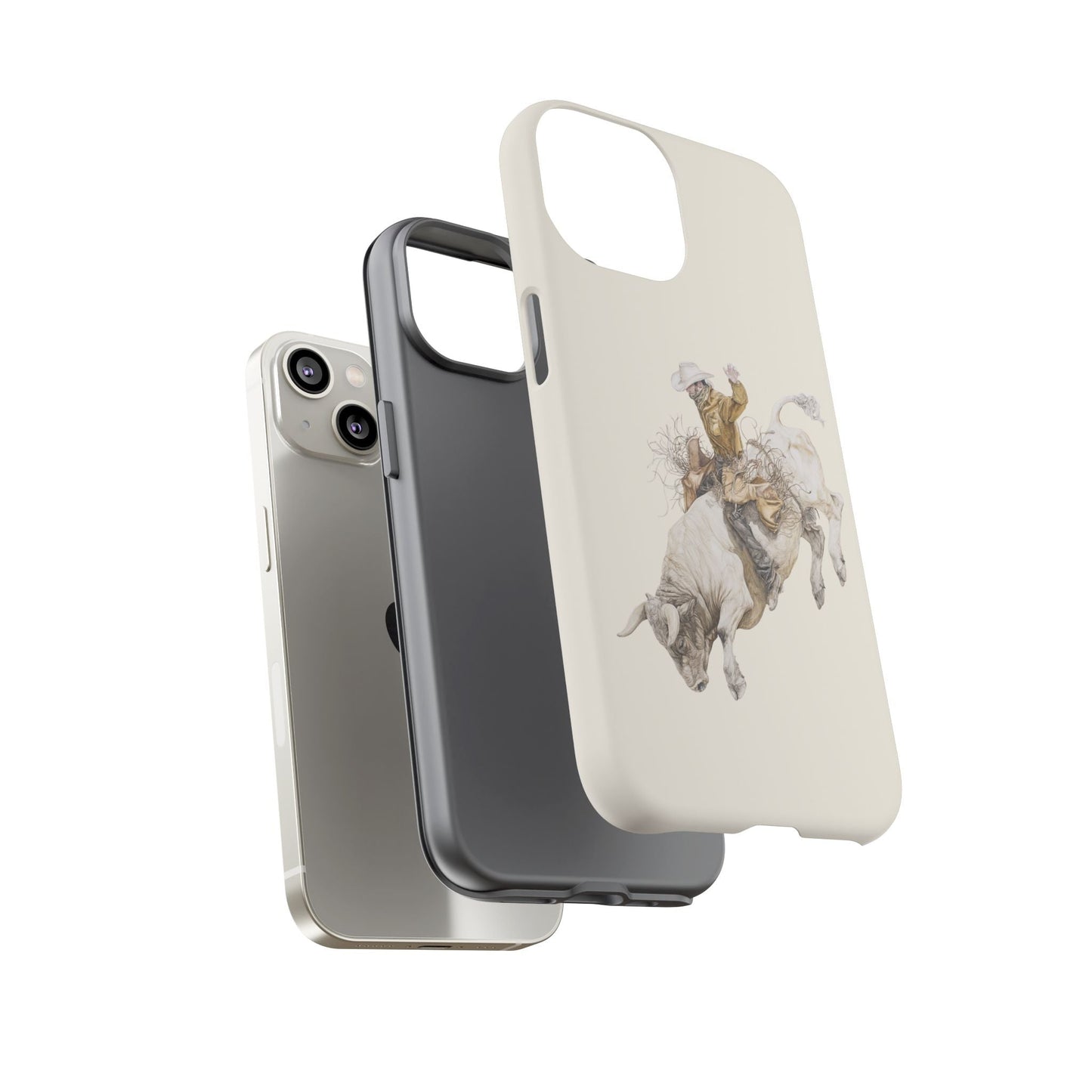 White Bucking Bull Rider Rodeo iPhone Case, 2 Layer Tough Phone Cover, Bull Riding Sport Fan - FlooredByArt