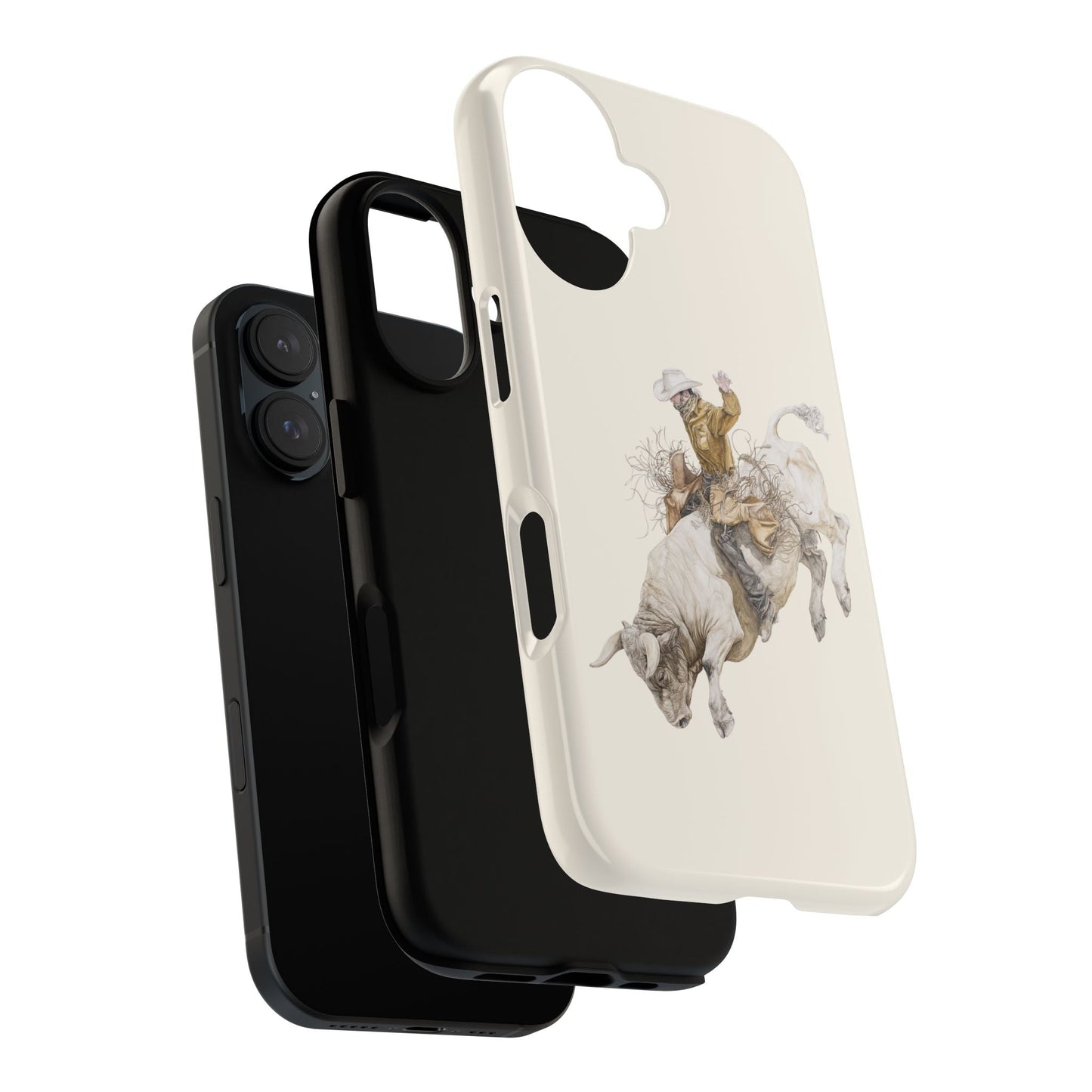 White Bucking Bull Rider Rodeo iPhone Case, 2 Layer Tough Phone Cover, Bull Riding Sport Fan - FlooredByArt