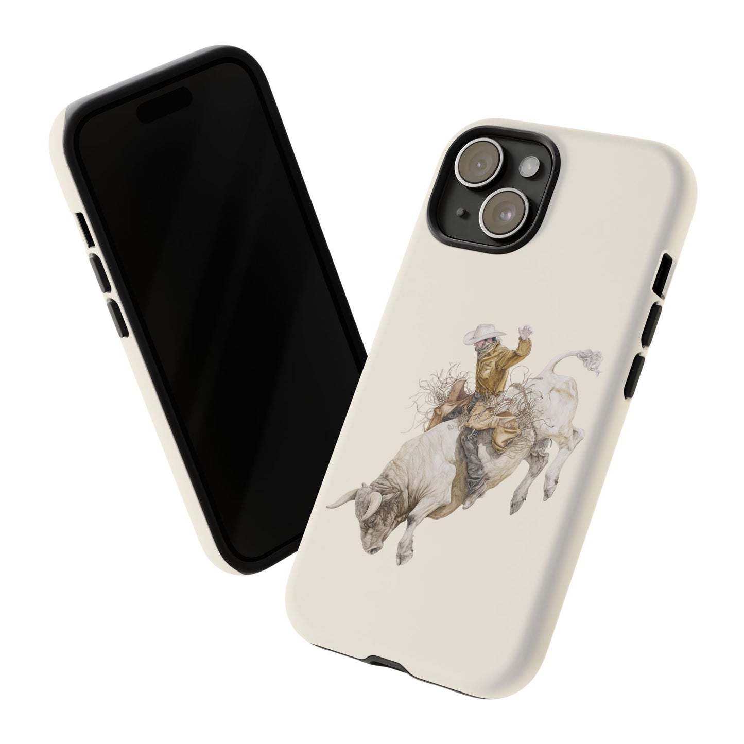 White Bucking Bull Rider Rodeo iPhone Case, 2 Layer Tough Phone Cover, Bull Riding Sport Fan - FlooredByArt