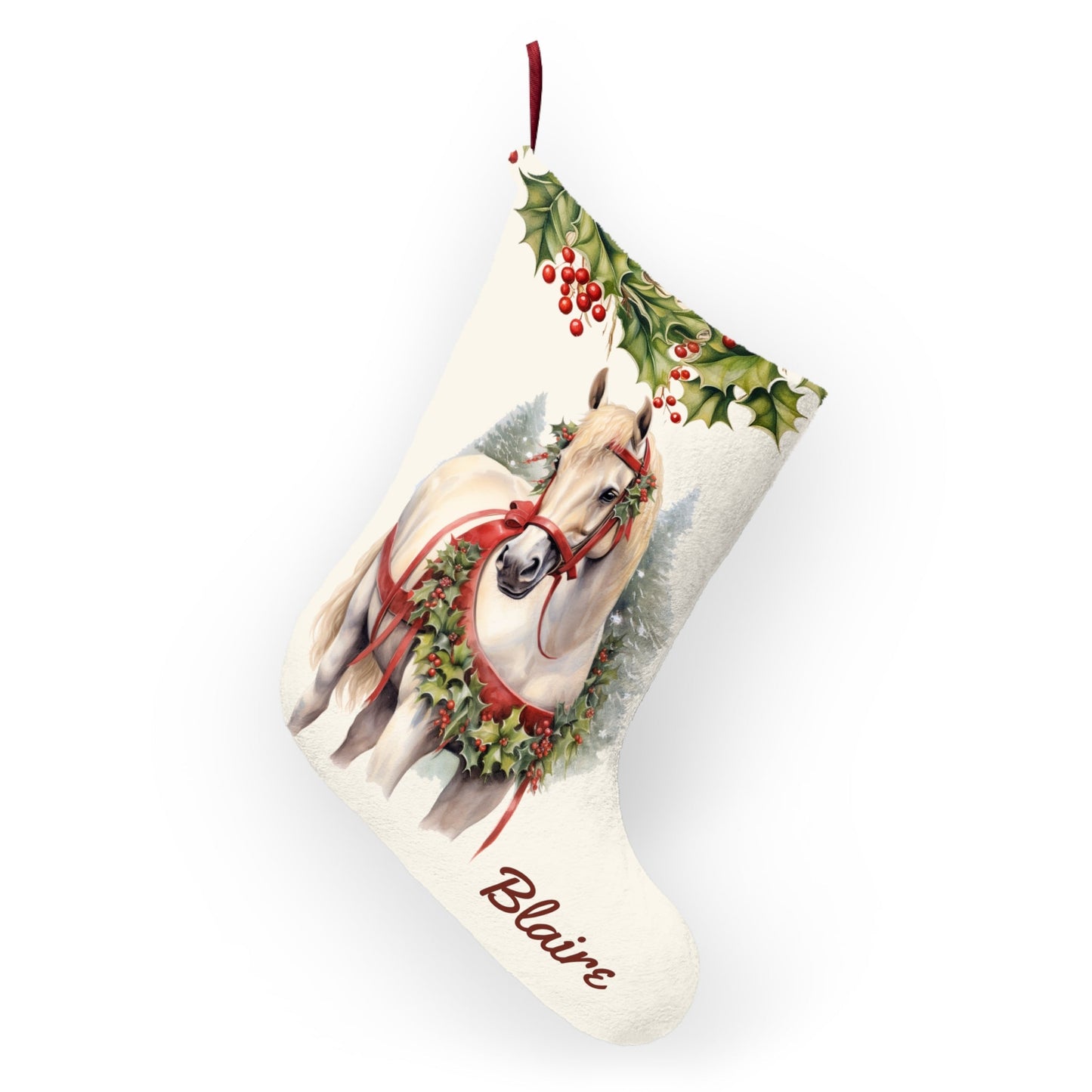 White Christmas Draft Horse Holiday Stocking, Large Stocking Personalized - FlooredByArt