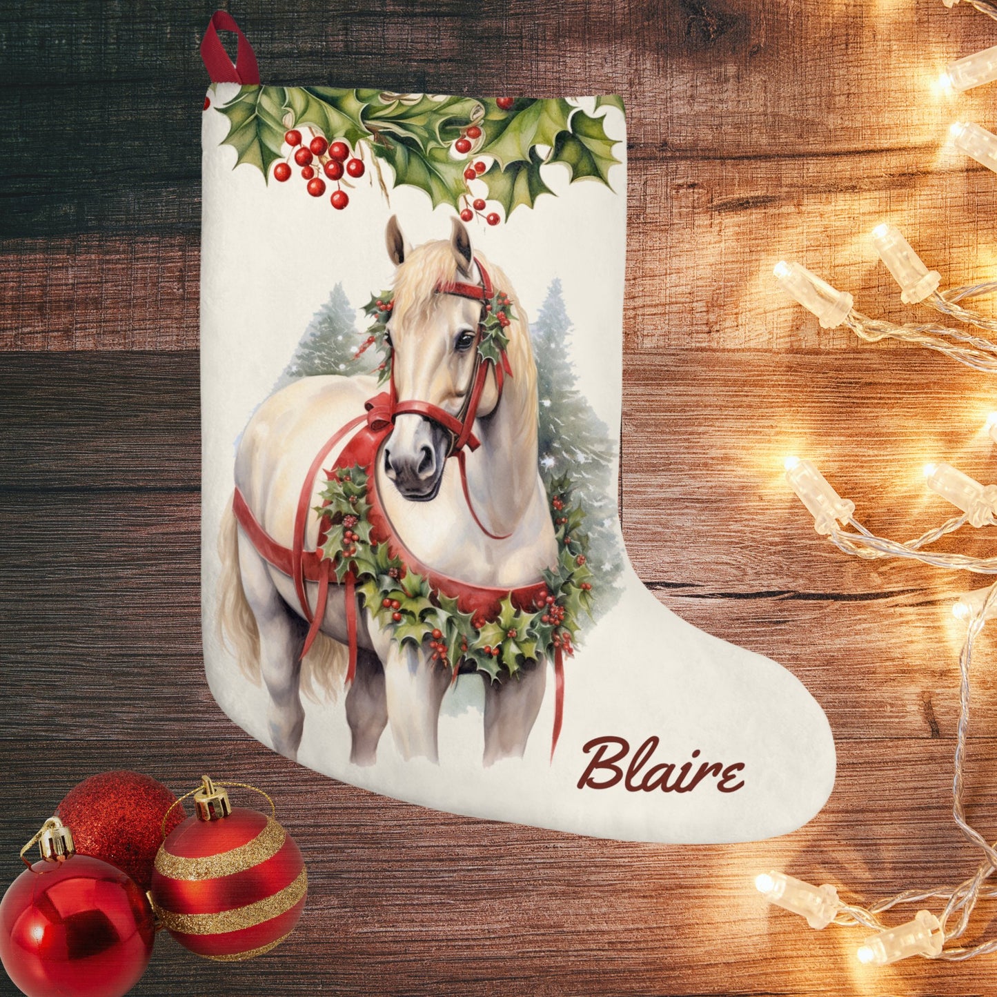 White Christmas Draft Horse Holiday Stocking, Large Stocking Personalized - FlooredByArt