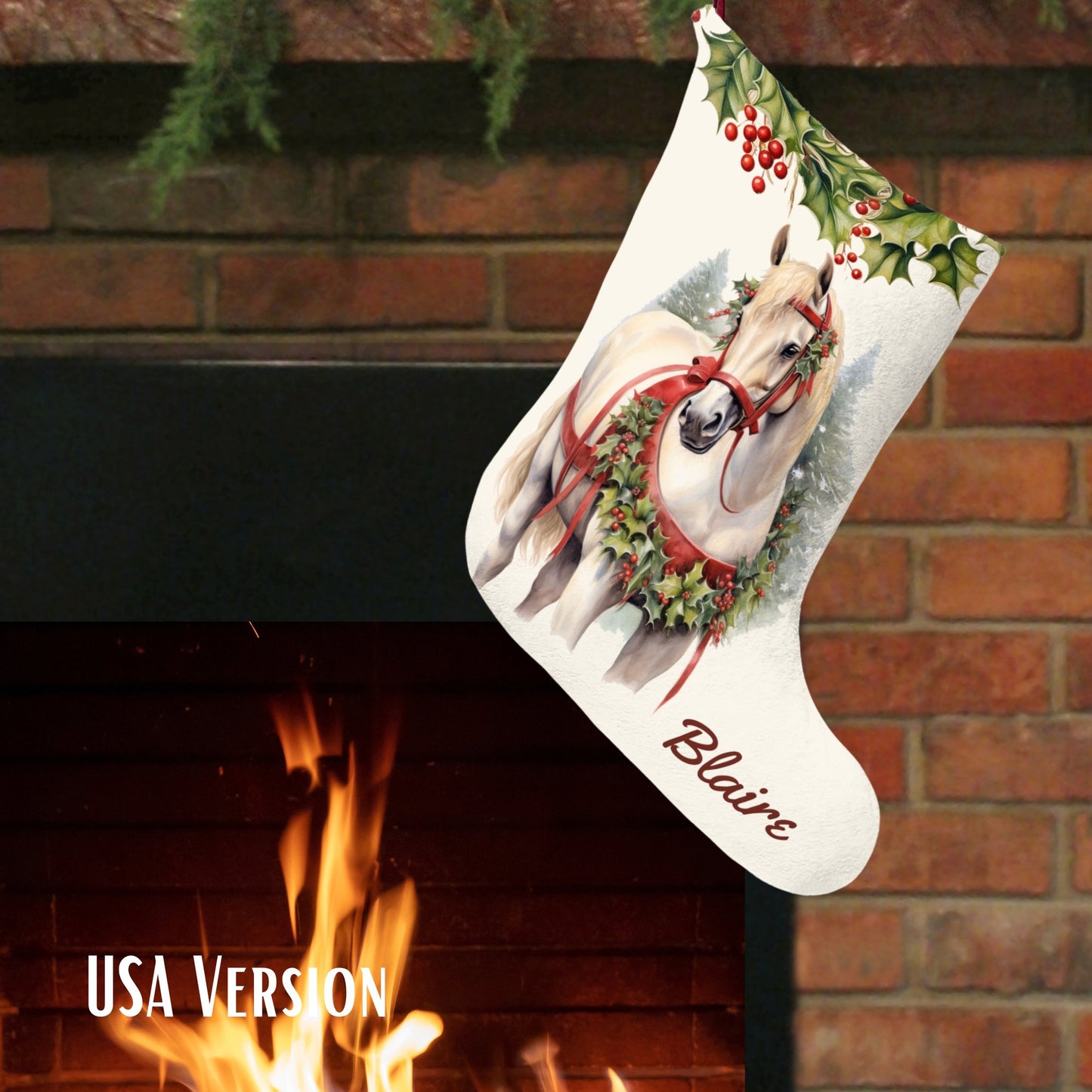 White Christmas Draft Horse Holiday Stocking, Large Stocking Personalized - FlooredByArt