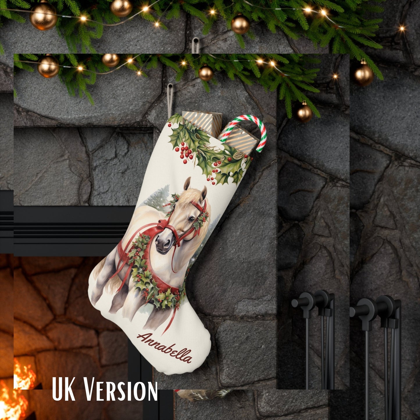White Christmas Draft Horse Holiday Stocking, Large Stocking Personalized - FlooredByArt