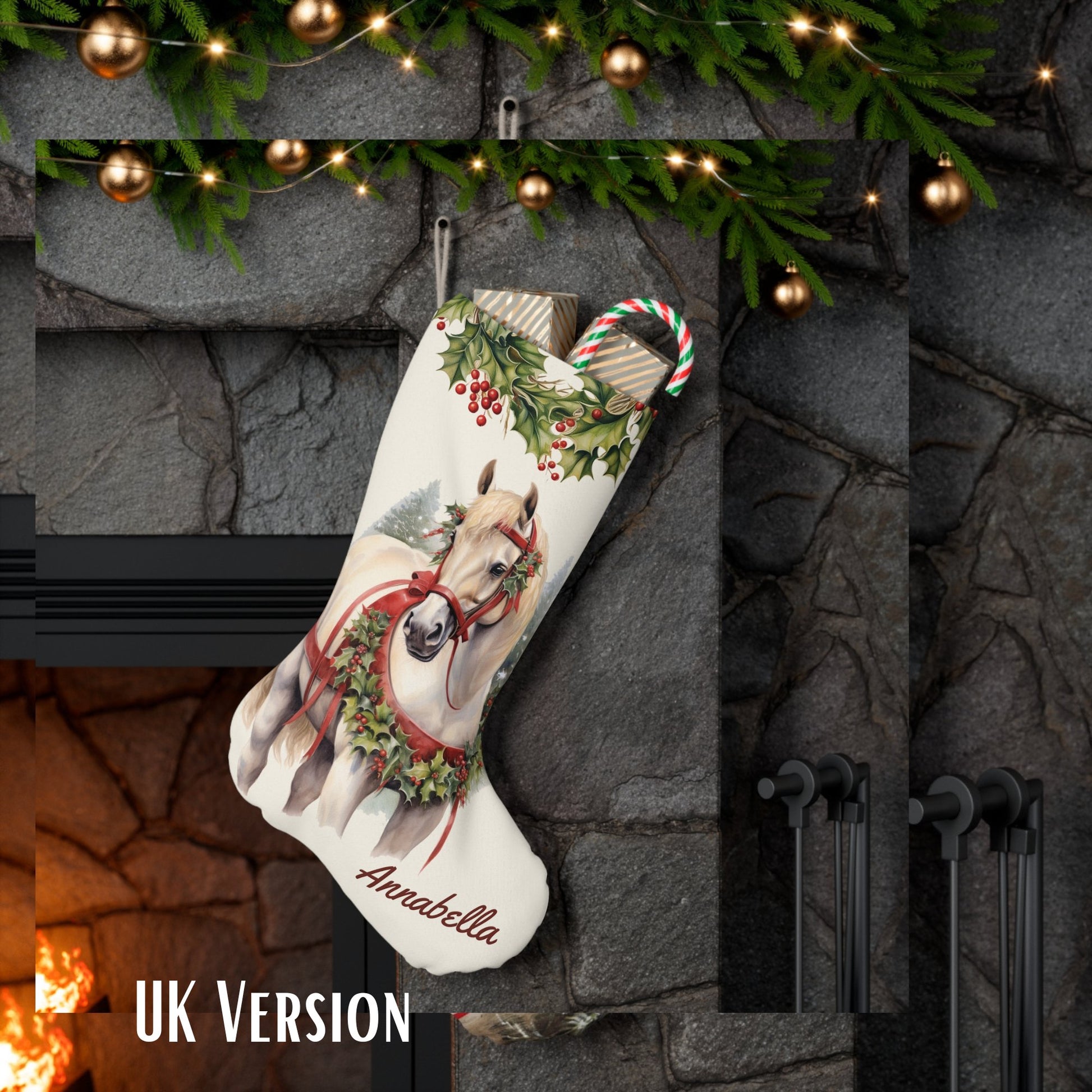 White Christmas Draft Horse Holiday Stocking, Large Stocking Personalized - FlooredByArt