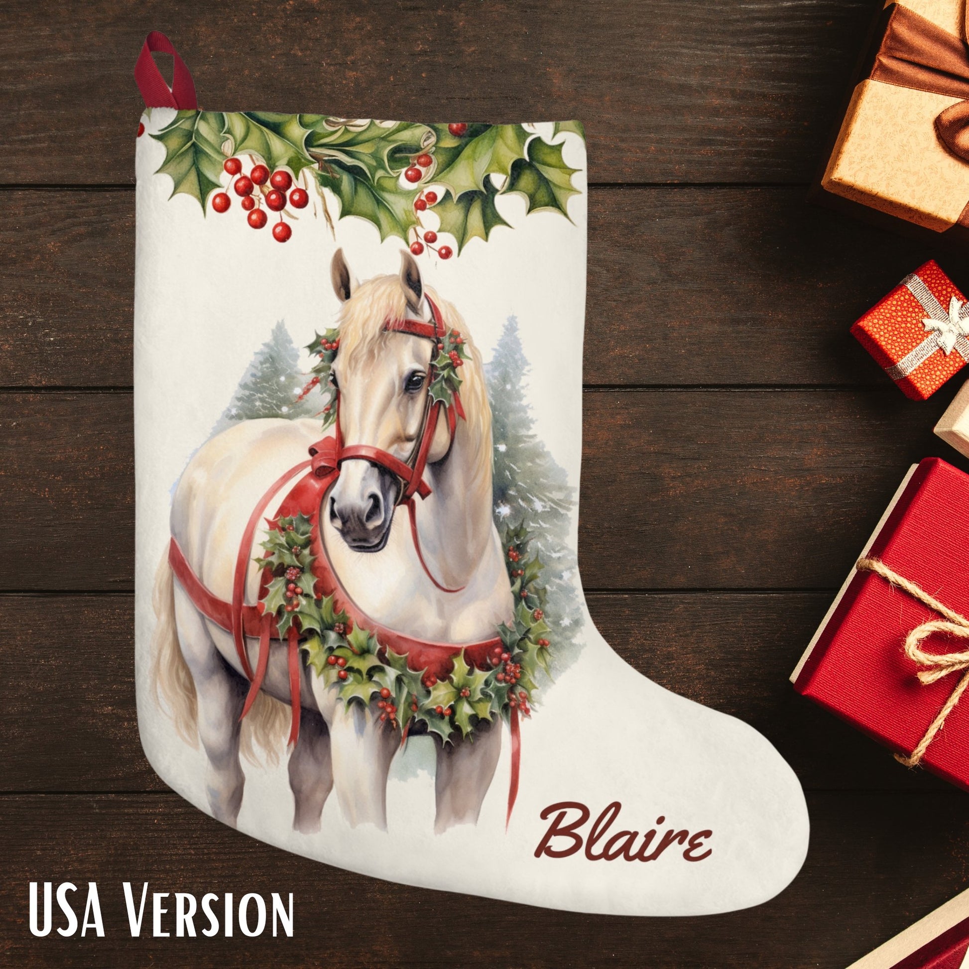 White Christmas Draft Horse Holiday Stocking, Large Stocking Personalized - FlooredByArt