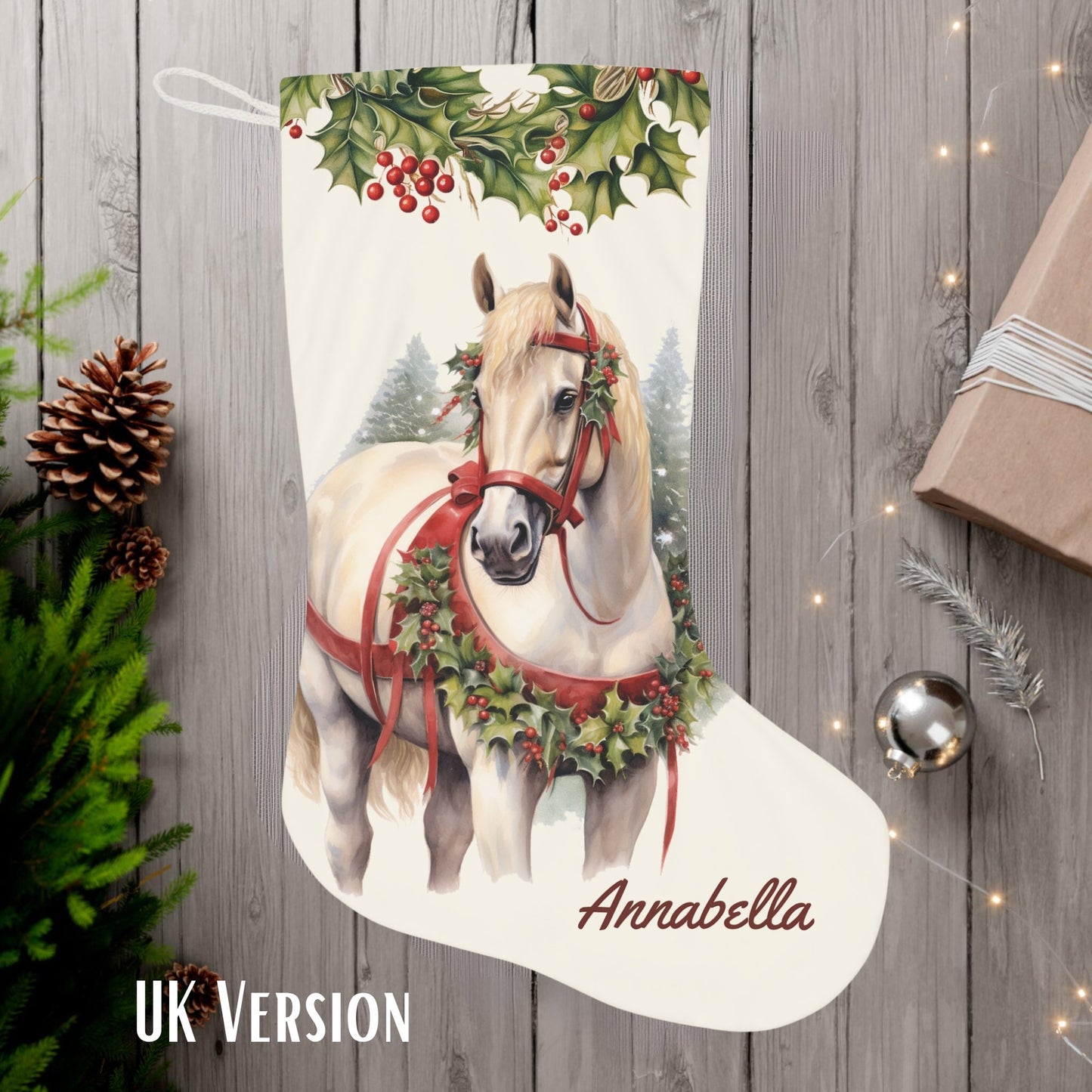 White Christmas Draft Horse Holiday Stocking, Large Stocking Personalized - FlooredByArt