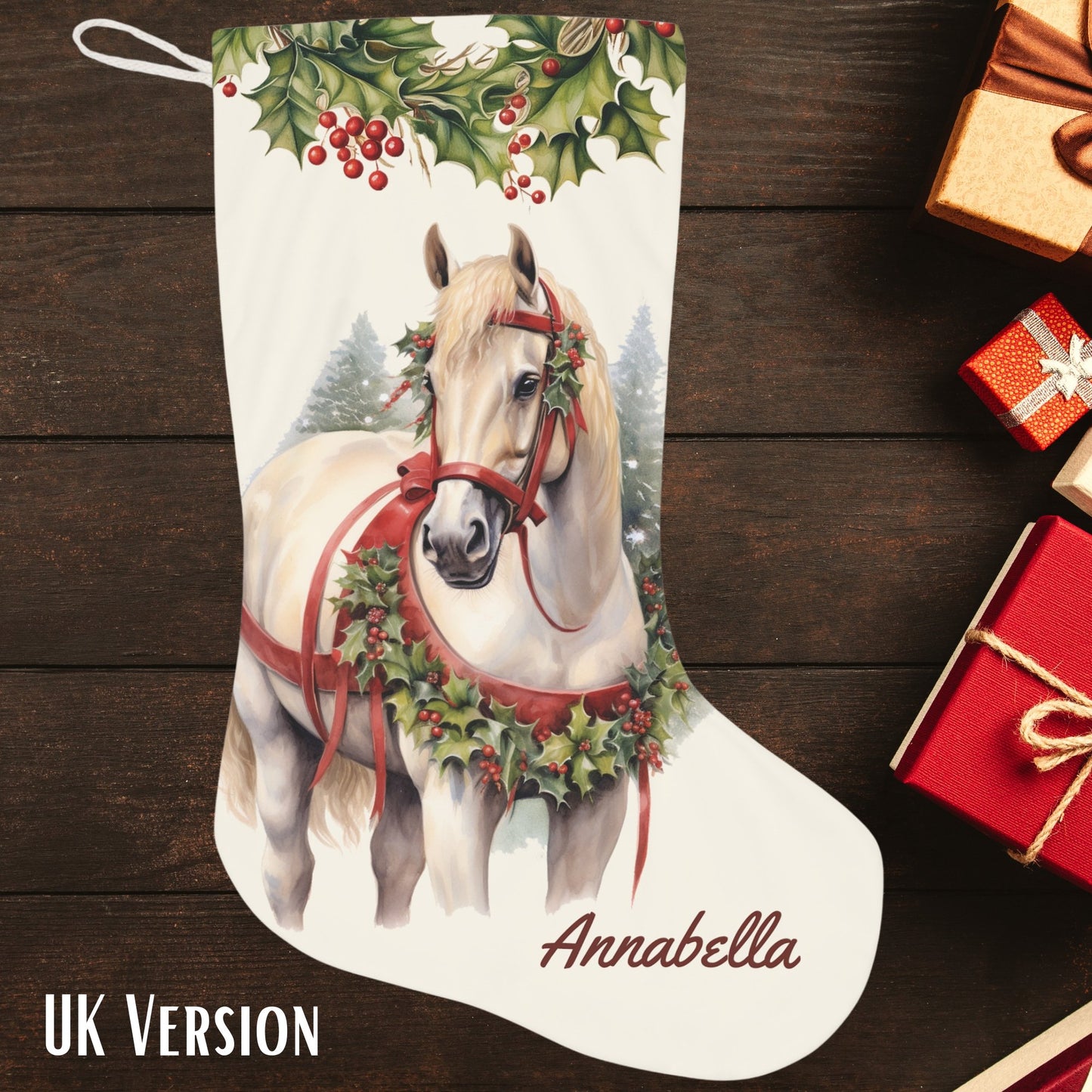 White Christmas Draft Horse Holiday Stocking, Large Stocking Personalized - FlooredByArt