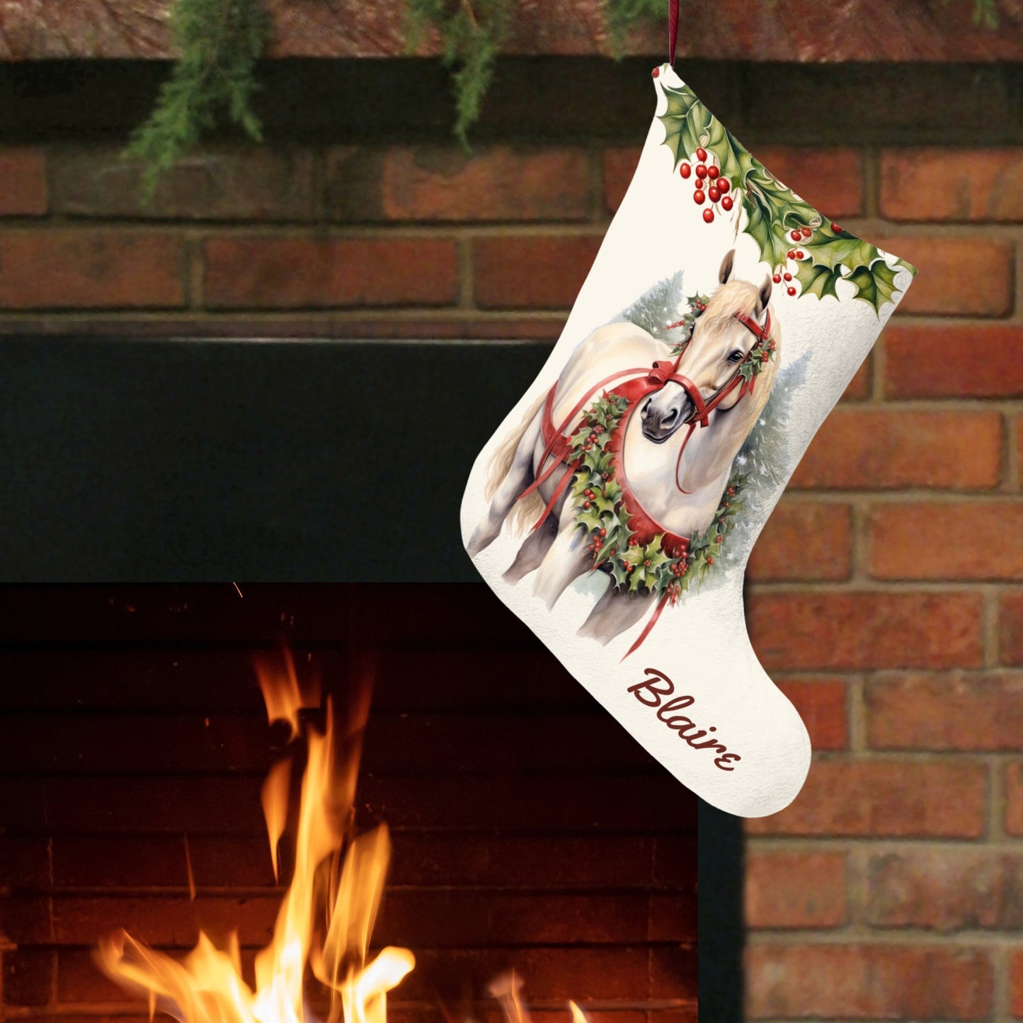 White Christmas Draft Horse Holiday Stocking, Large Stocking Personalized - FlooredByArt