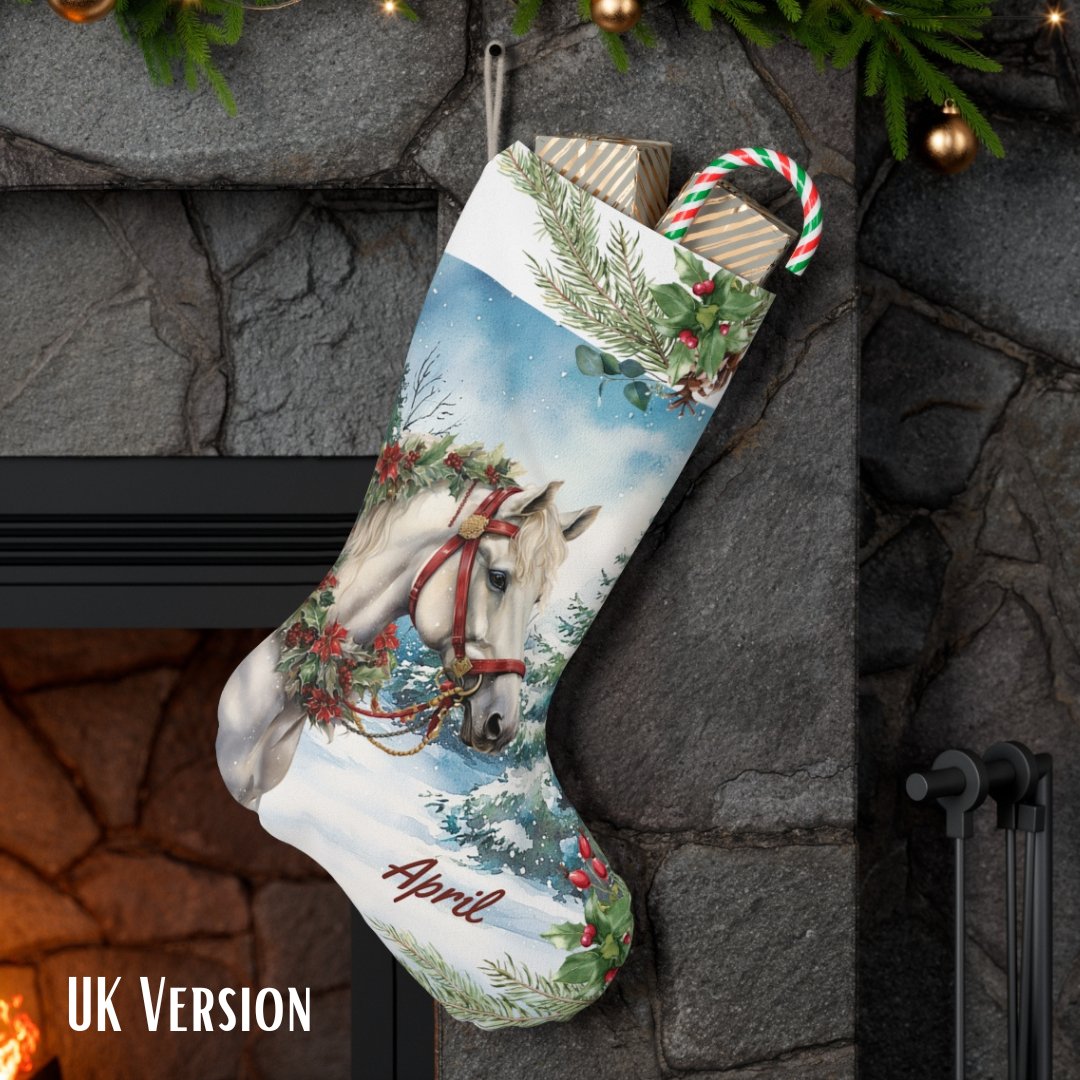 White Christmas Horse Stocking, Large Holiday Stocking for Horse Lover - FlooredByArt