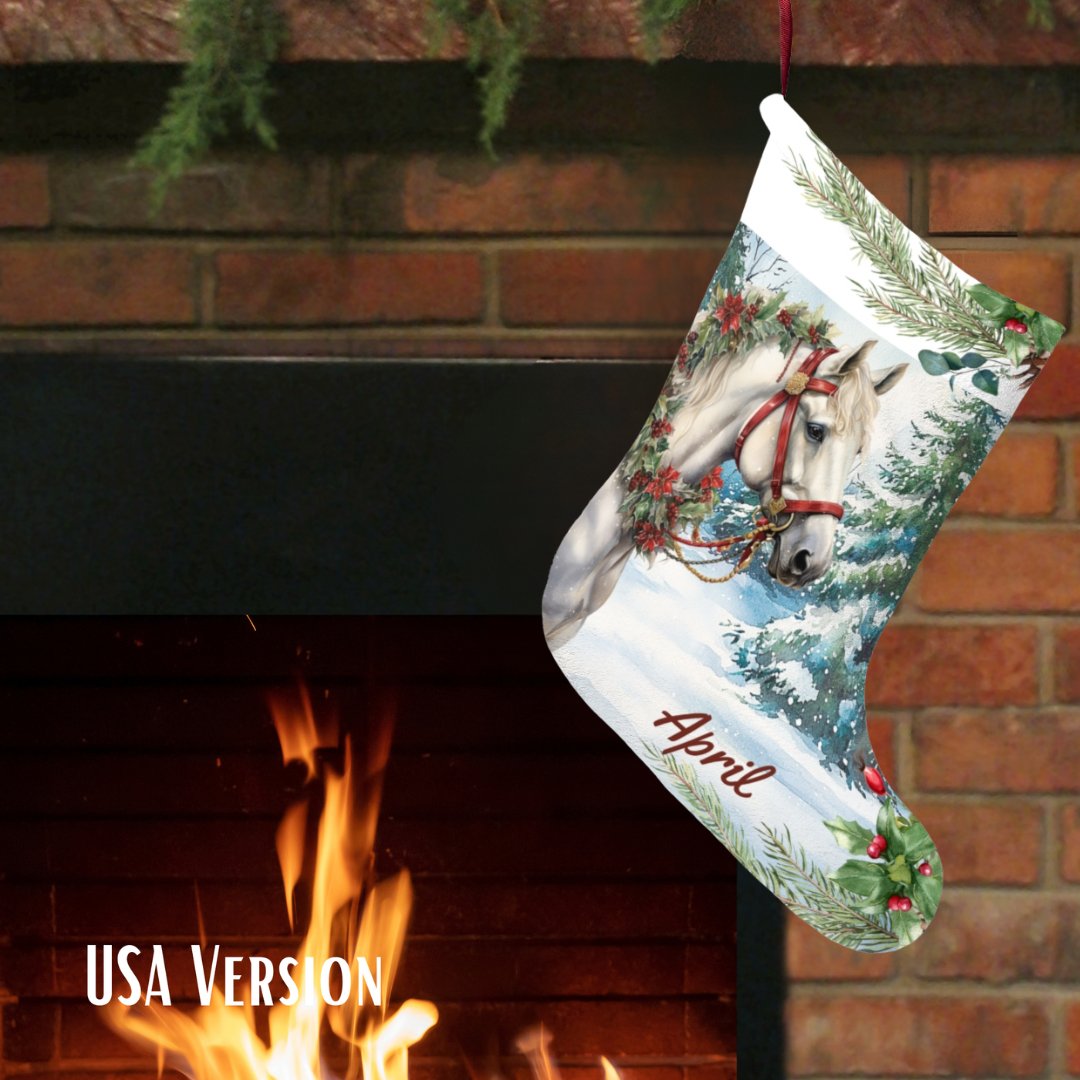 White Christmas Horse Stocking, Large Holiday Stocking for Horse Lover - FlooredByArt