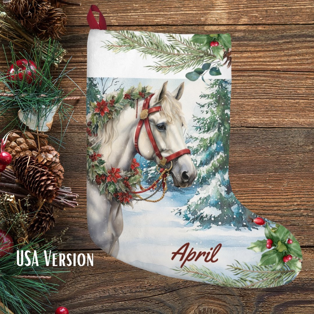 White Christmas Horse Stocking, Large Holiday Stocking for Horse Lover - FlooredByArt
