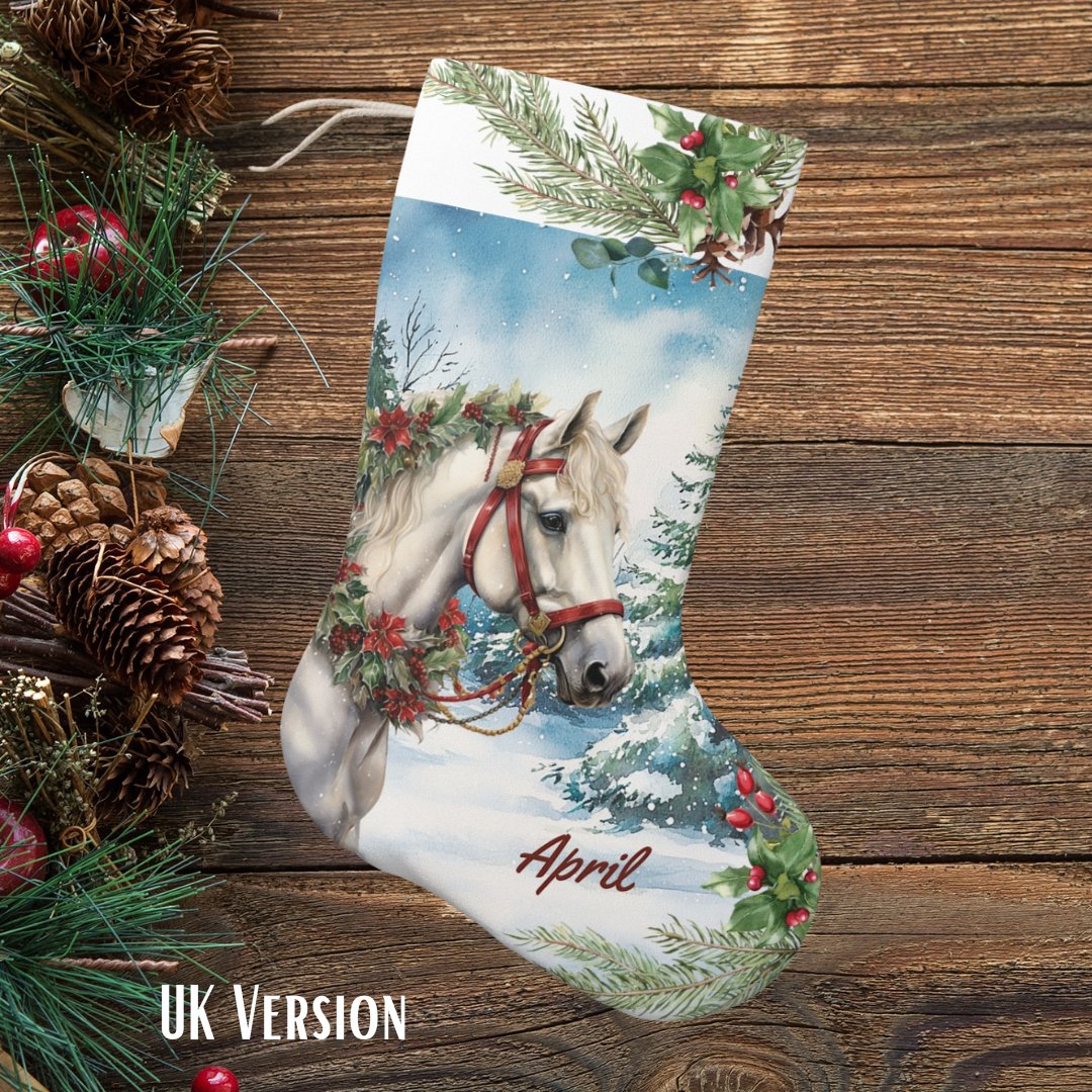 White Christmas Horse Stocking, Large Holiday Stocking for Horse Lover - FlooredByArt
