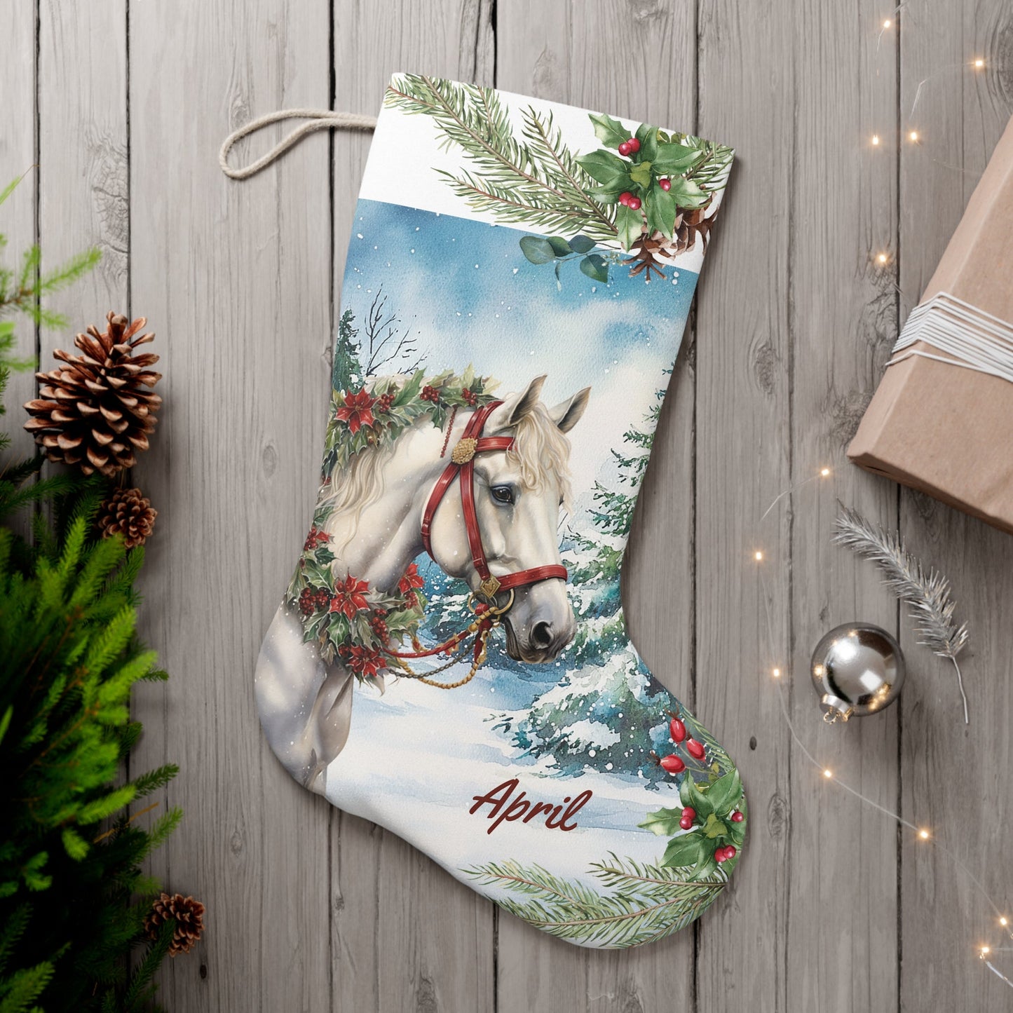 White Christmas Horse Stocking, Large Holiday Stocking for Horse Lover - FlooredByArt