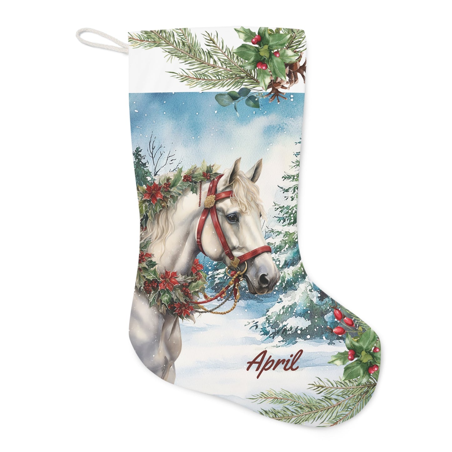 White Christmas Horse Stocking, Large Holiday Stocking for Horse Lover - FlooredByArt