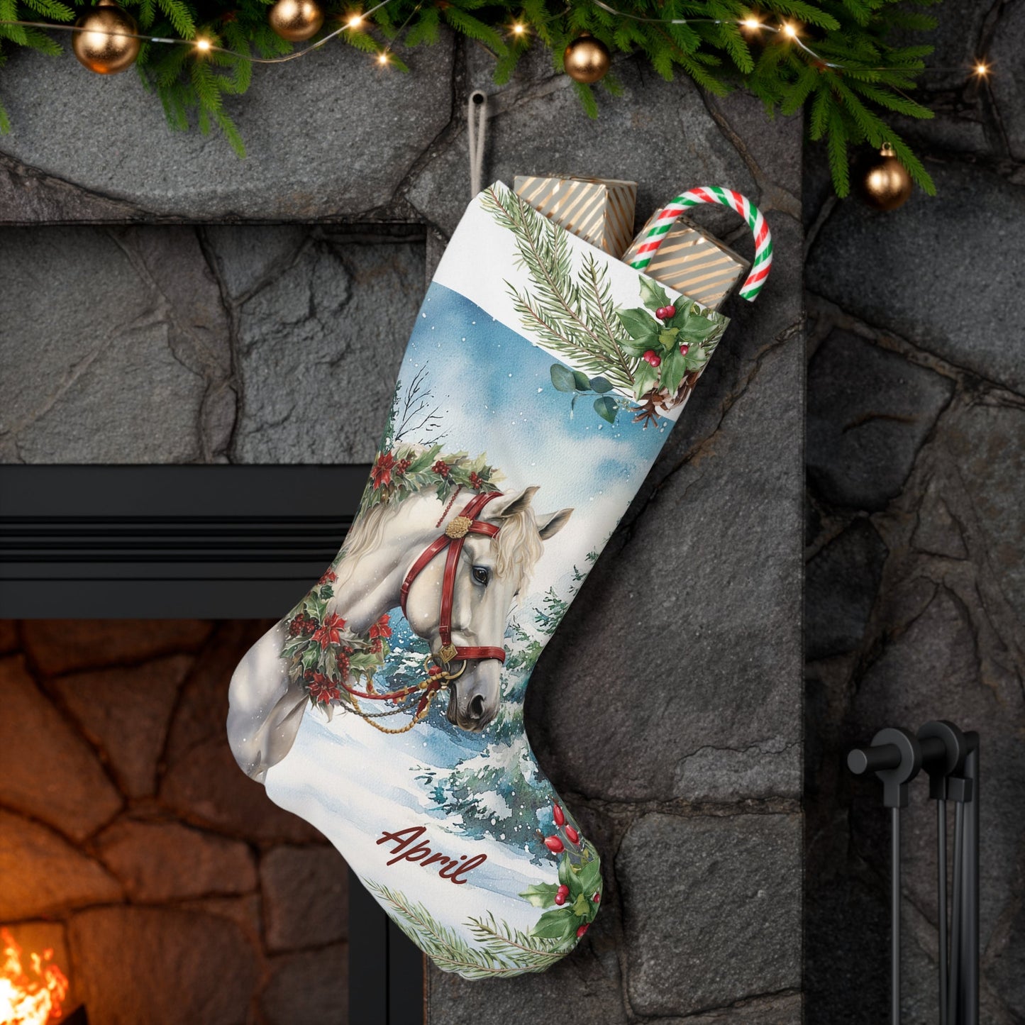 White Christmas Horse Stocking, Large Holiday Stocking for Horse Lover - FlooredByArt