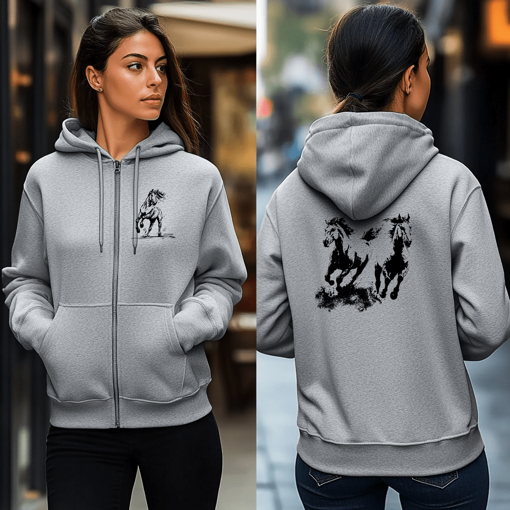 Wild Horses Full - Zip Hoodie, Horse Art Jacket, Western Horse Love - FlooredByArt